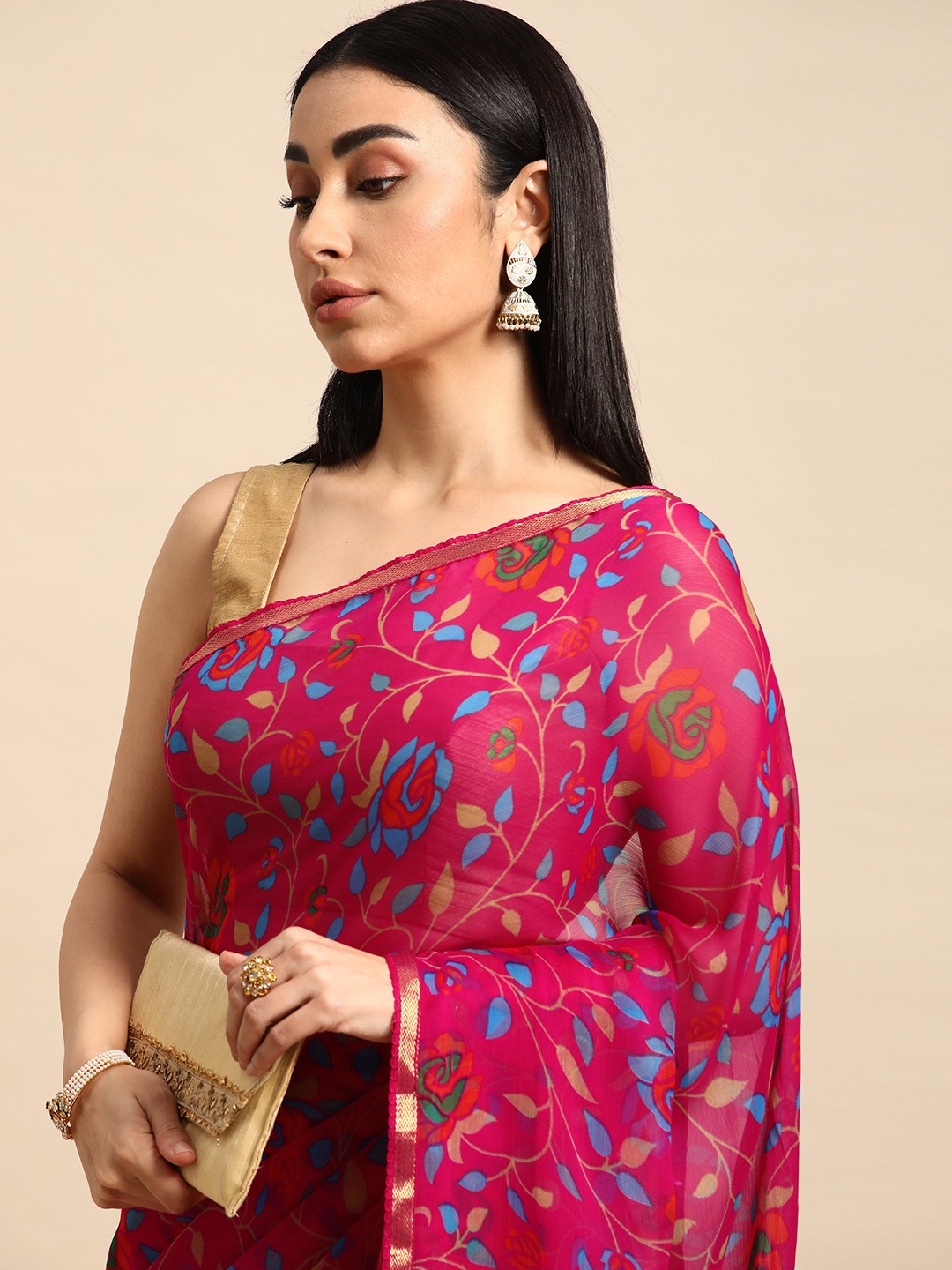

HERE&NOW Floral Pure Georgette Saree, Pink