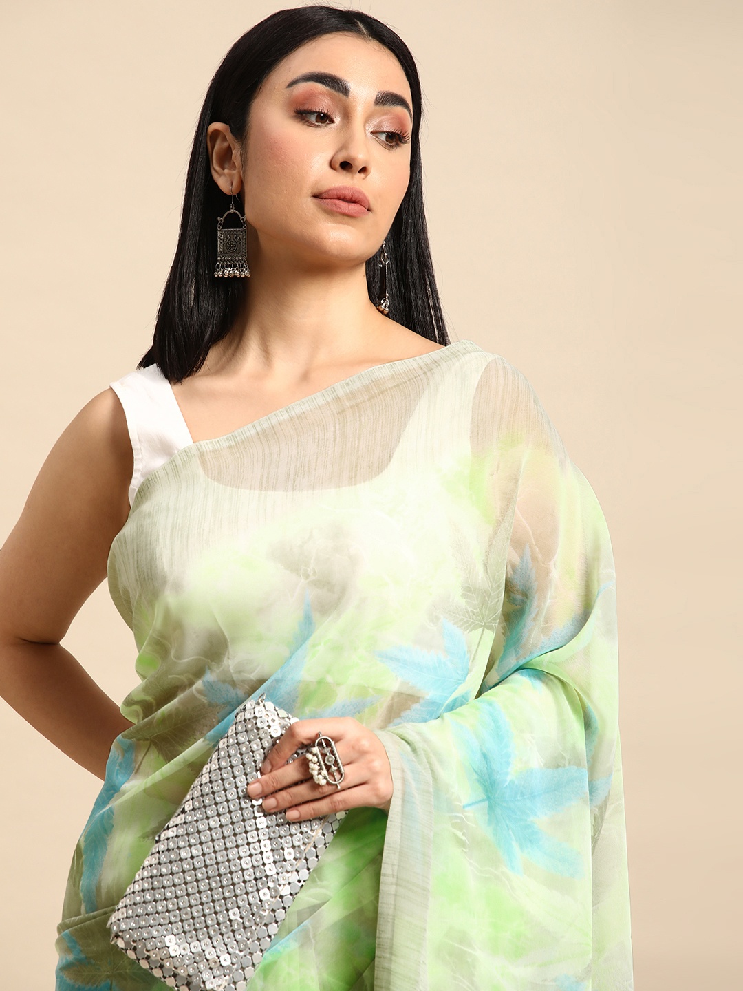 

HERE&NOW Floral Pure Georgette Saree, Beige