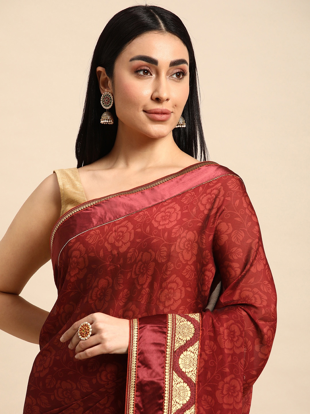 

HERE&NOW Floral Zari Silk Cotton Saree, Maroon