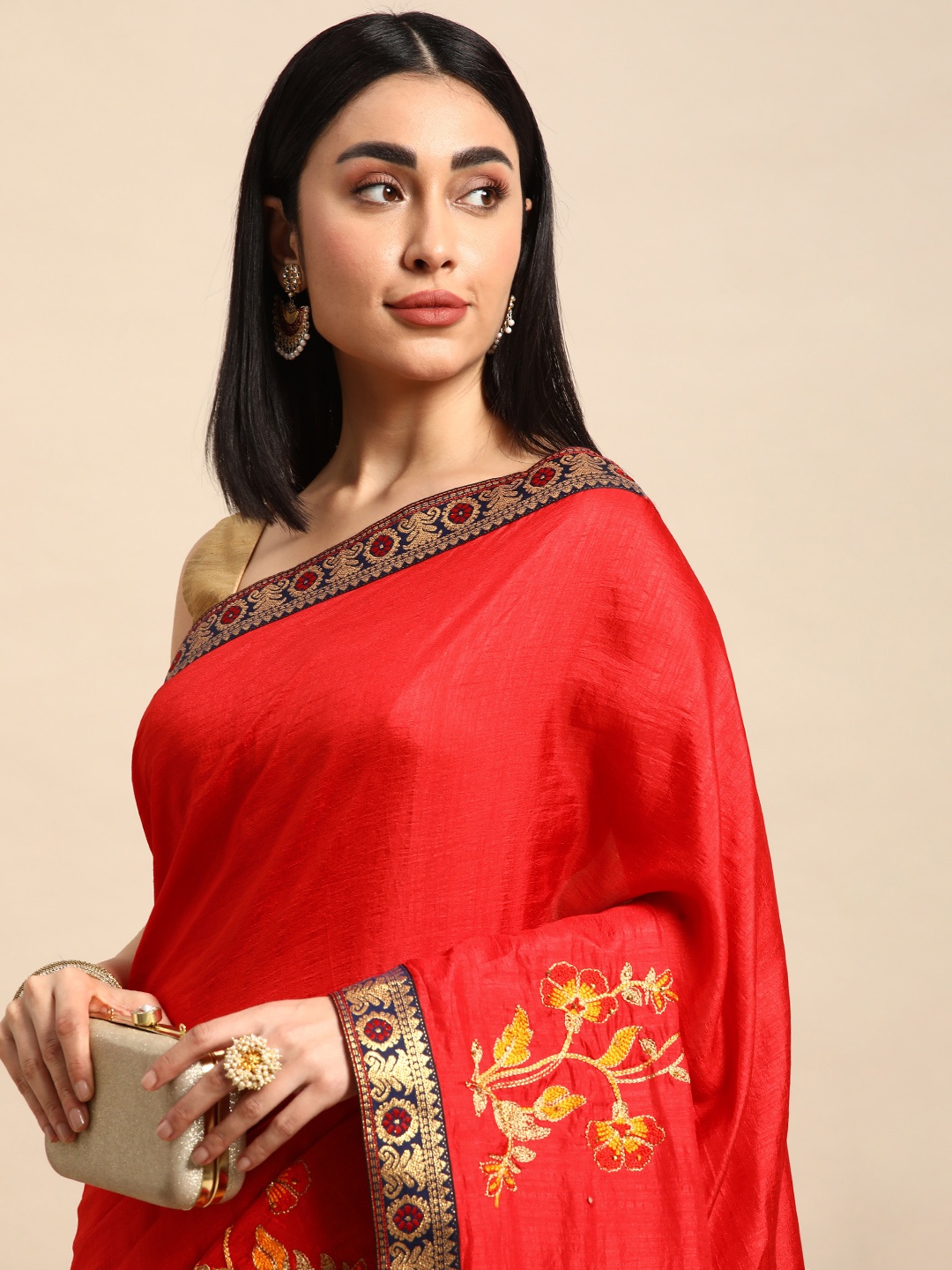 

HERE&NOW Floral Zari Art Silk Saree, Red