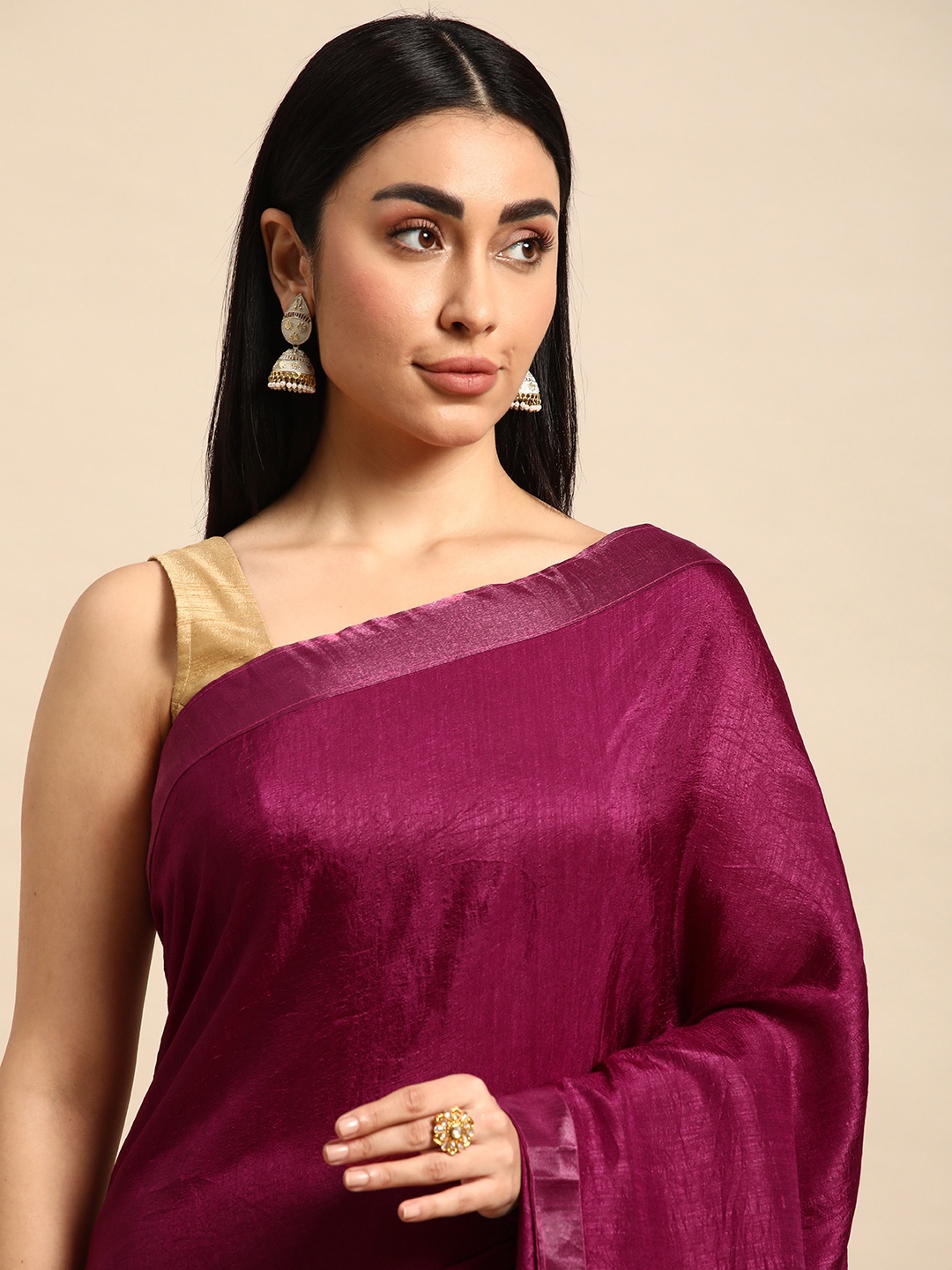 

HERE&NOW Solid Beads & Stones Art Silk Saree, Red