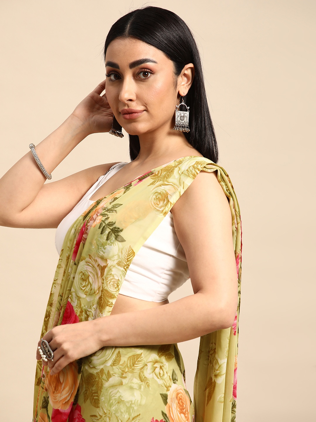 

HERE&NOW Floral Pure Georgette Saree, Yellow