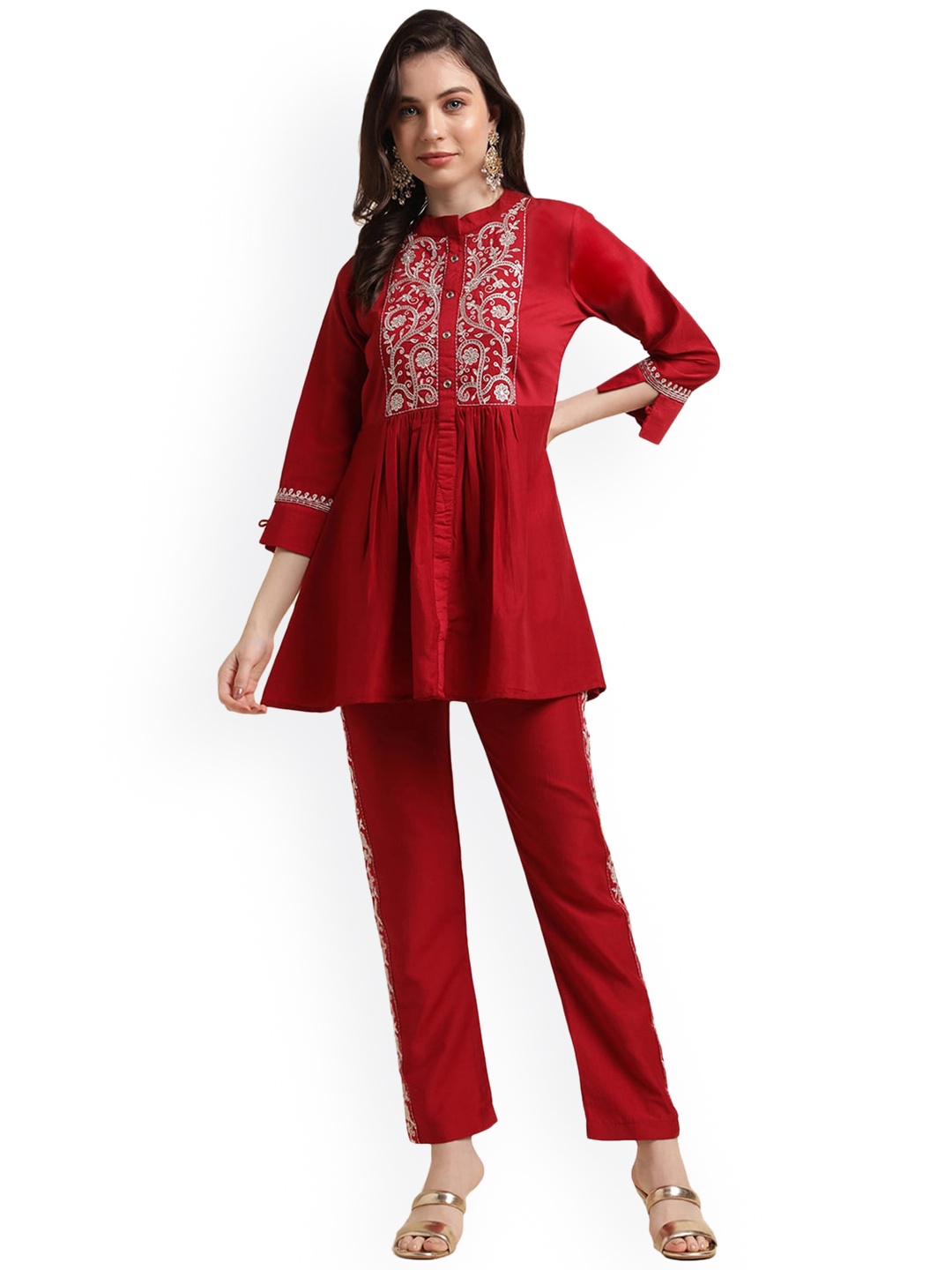 

Nimayaa Floral Embroidered A-Line Kurti with Trouser, Red