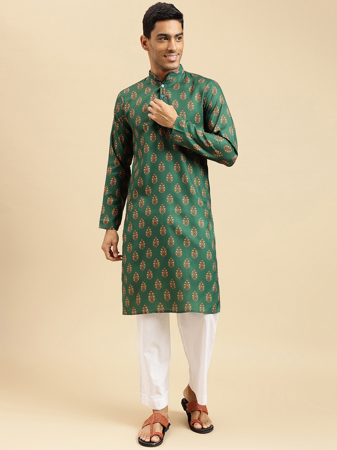 

HERE&NOW Ethnic Motifs Printed Band Collar Cotton Straight Kurta, Green