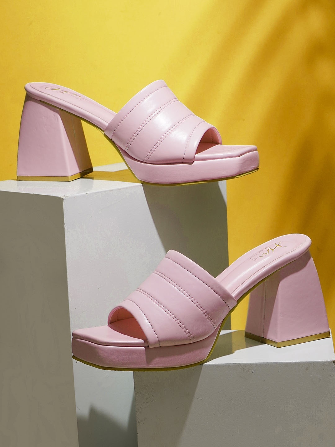 

JM Looks Textured Open Toe Block Heels, Pink