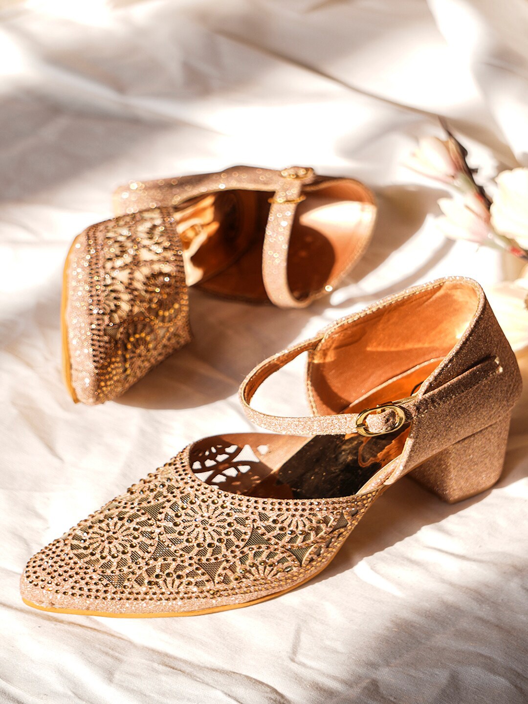 

JM Looks Embellished Block Heel Pumps, Gold