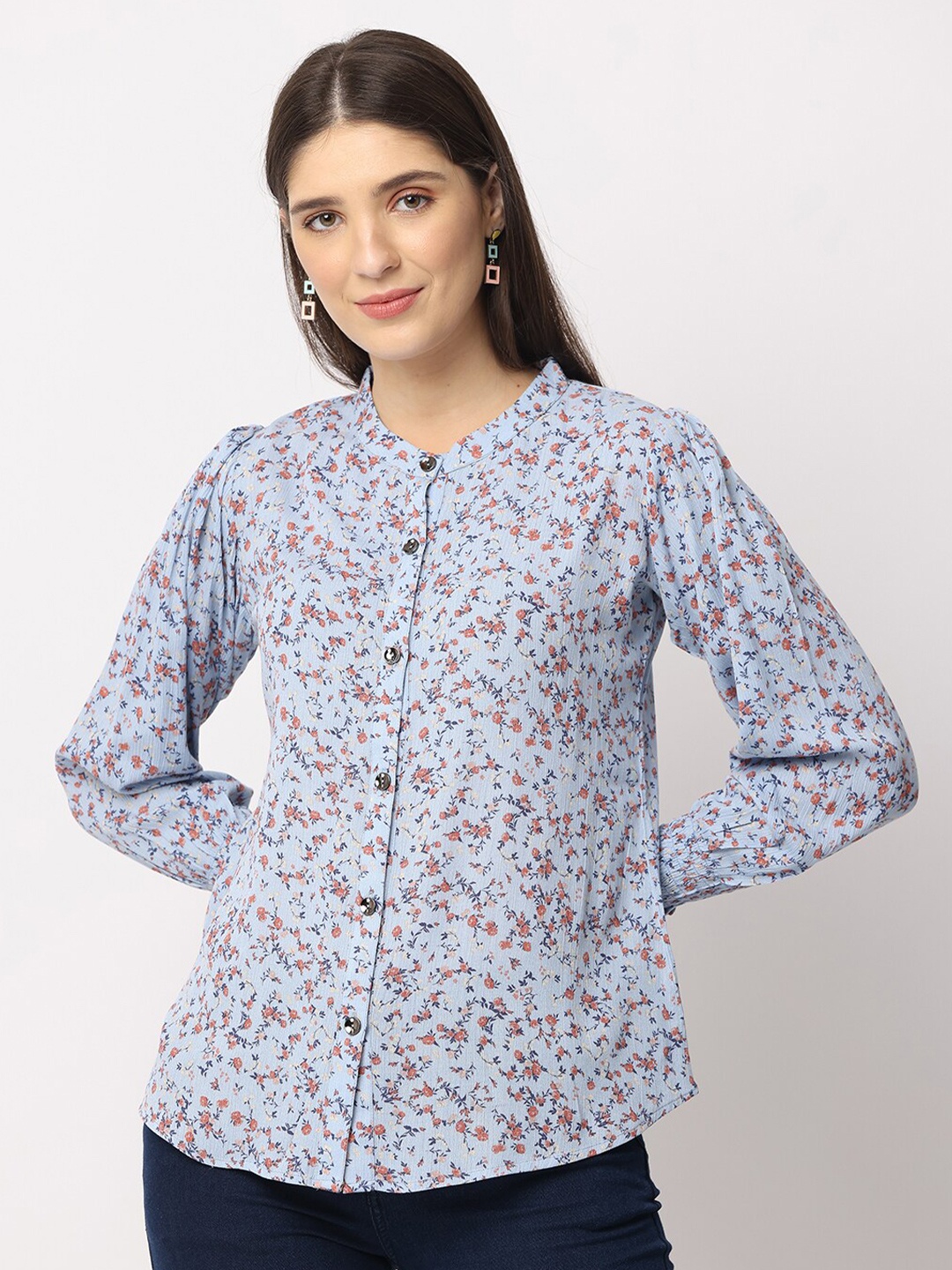 

GLORY & I Contemporary Floral Printed Band Collar Casual Shirt, Blue