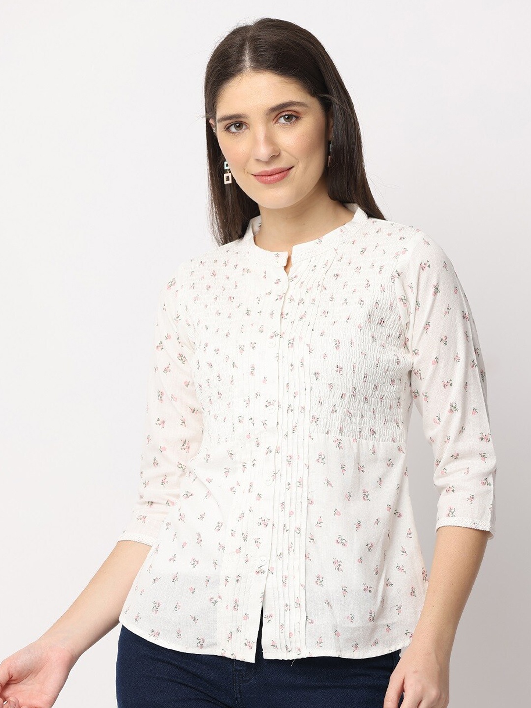 

GLORY & I Contemporary Floral Printed Band Collar Casual Shirt, White