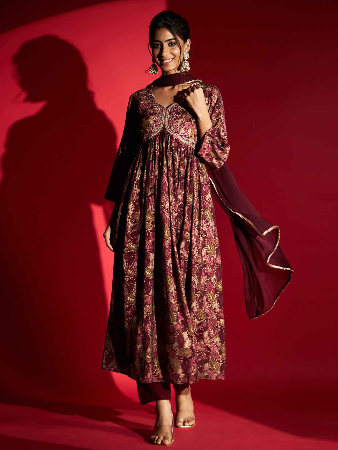 

Navlik Floral Printed Regular Thread Work Chanderi Silk Kurta with Trousers & With Dupatta, Burgundy