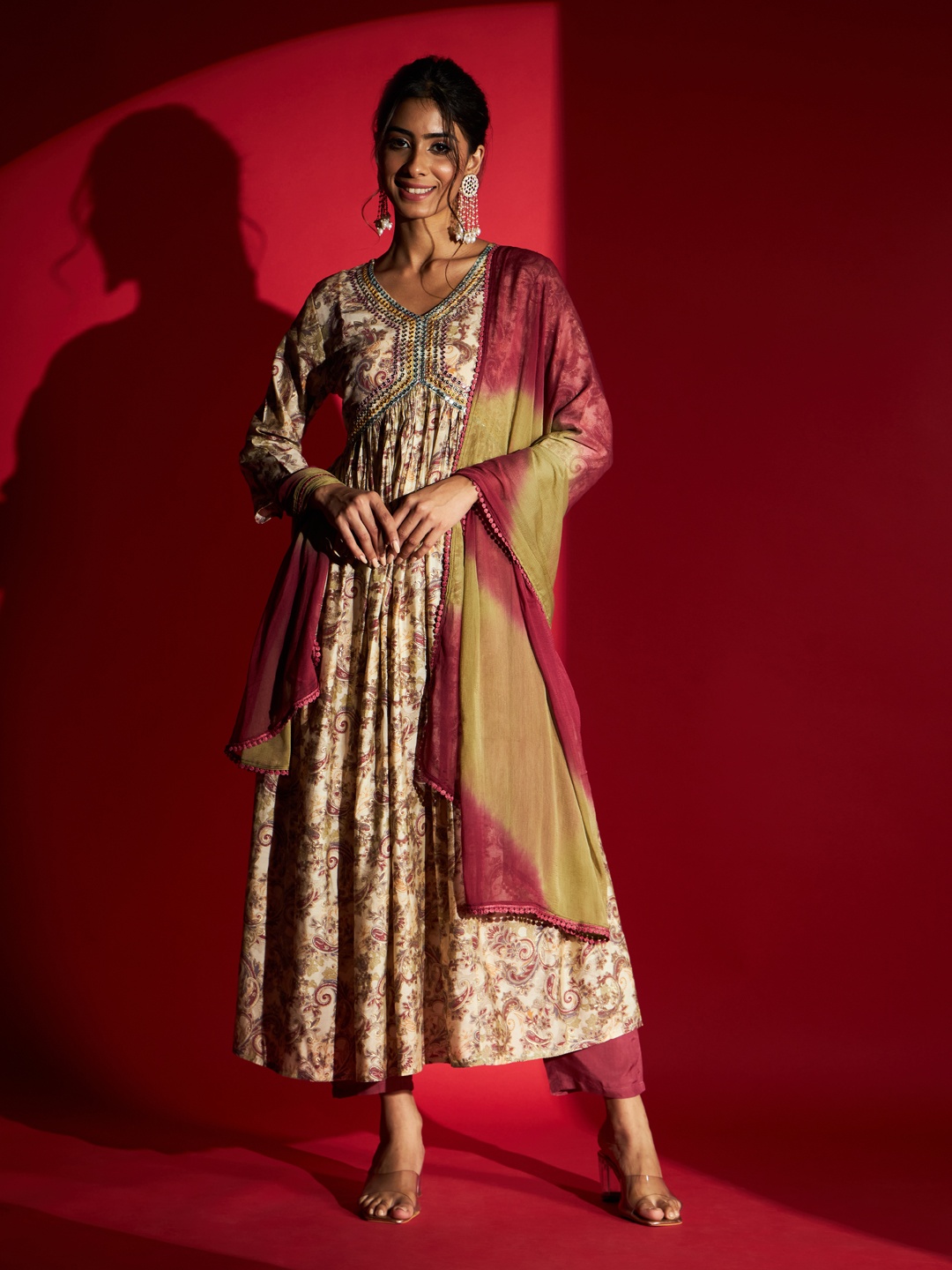 

Navlik Floral Printed Regular Mirror Work Kurta with Trousers & With Dupatta, Beige