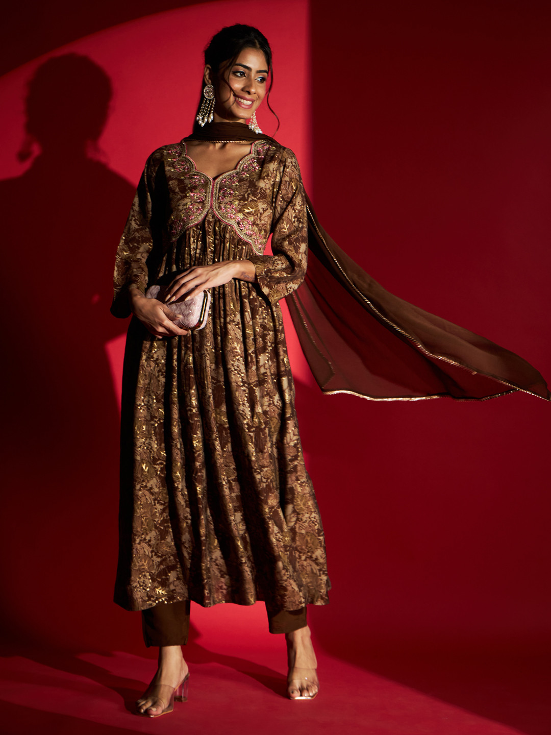 

Navlik Floral Embroidered Regular Sequinned Kurta with Trousers & Dupatta, Camel brown