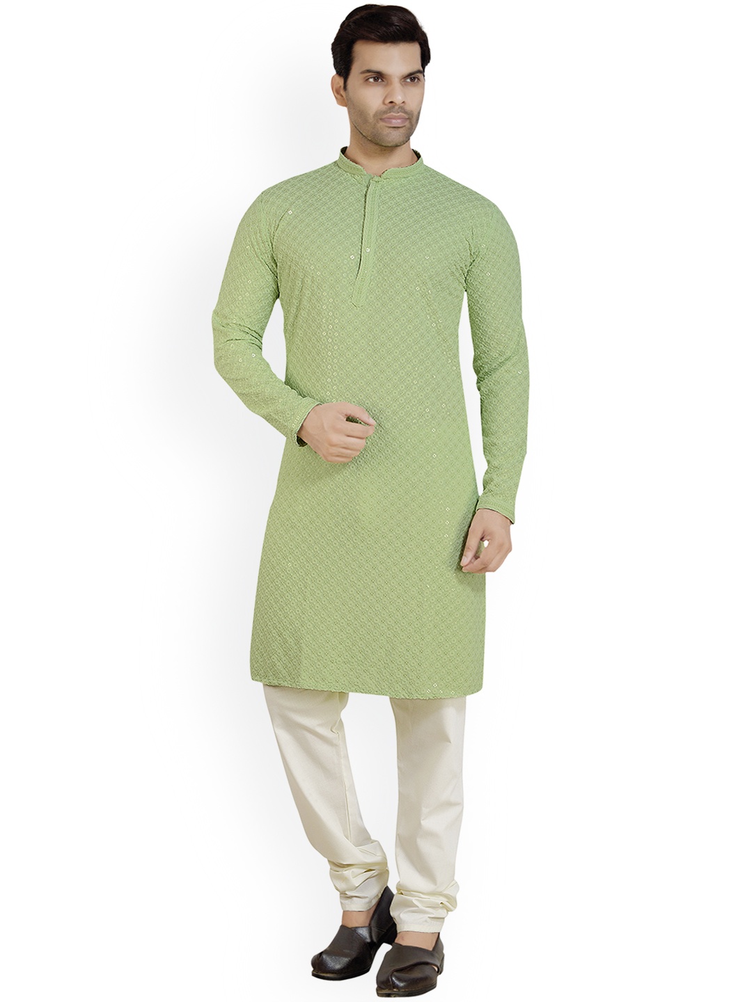 

ARRUGA Men Green Ethnic Motifs Embroidered Regular Thread Work Kurta with Pyjamas