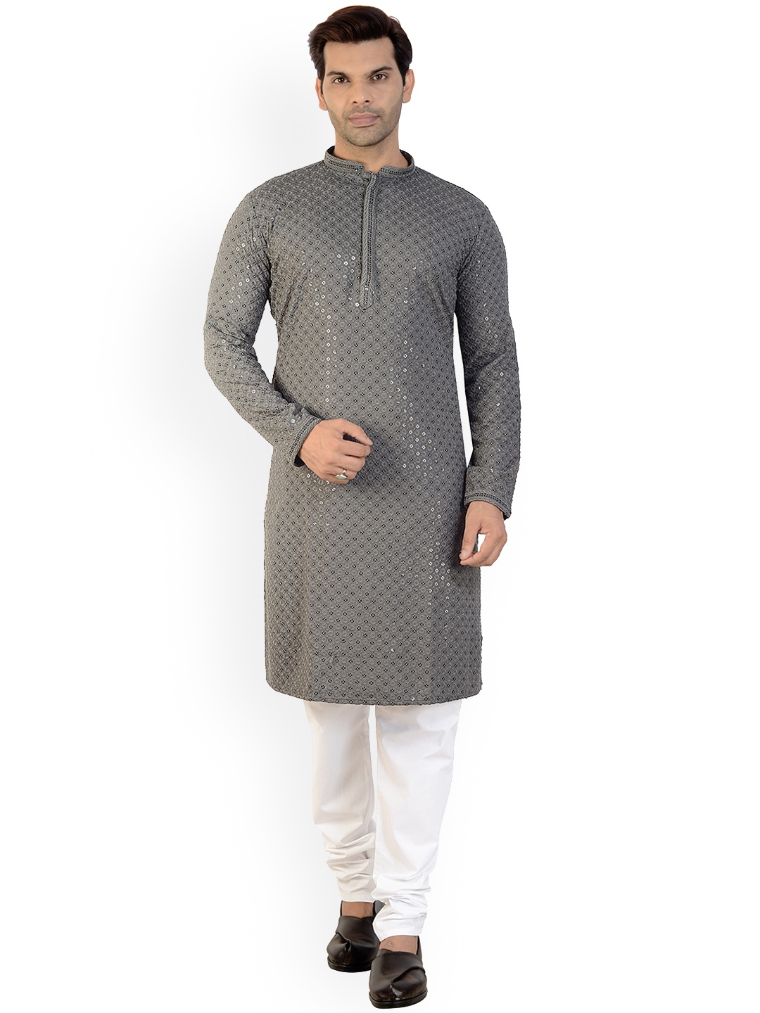 

ARRUGA Floral Embroidered Regular Sequinned Kurta With Pyjamas, Grey melange