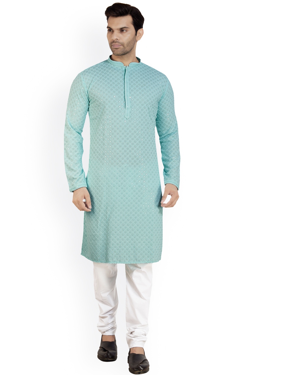

ARRUGA Floral Embroidered Mandarin Collar Long Sleeve Sequinned Kurta Set, Blue