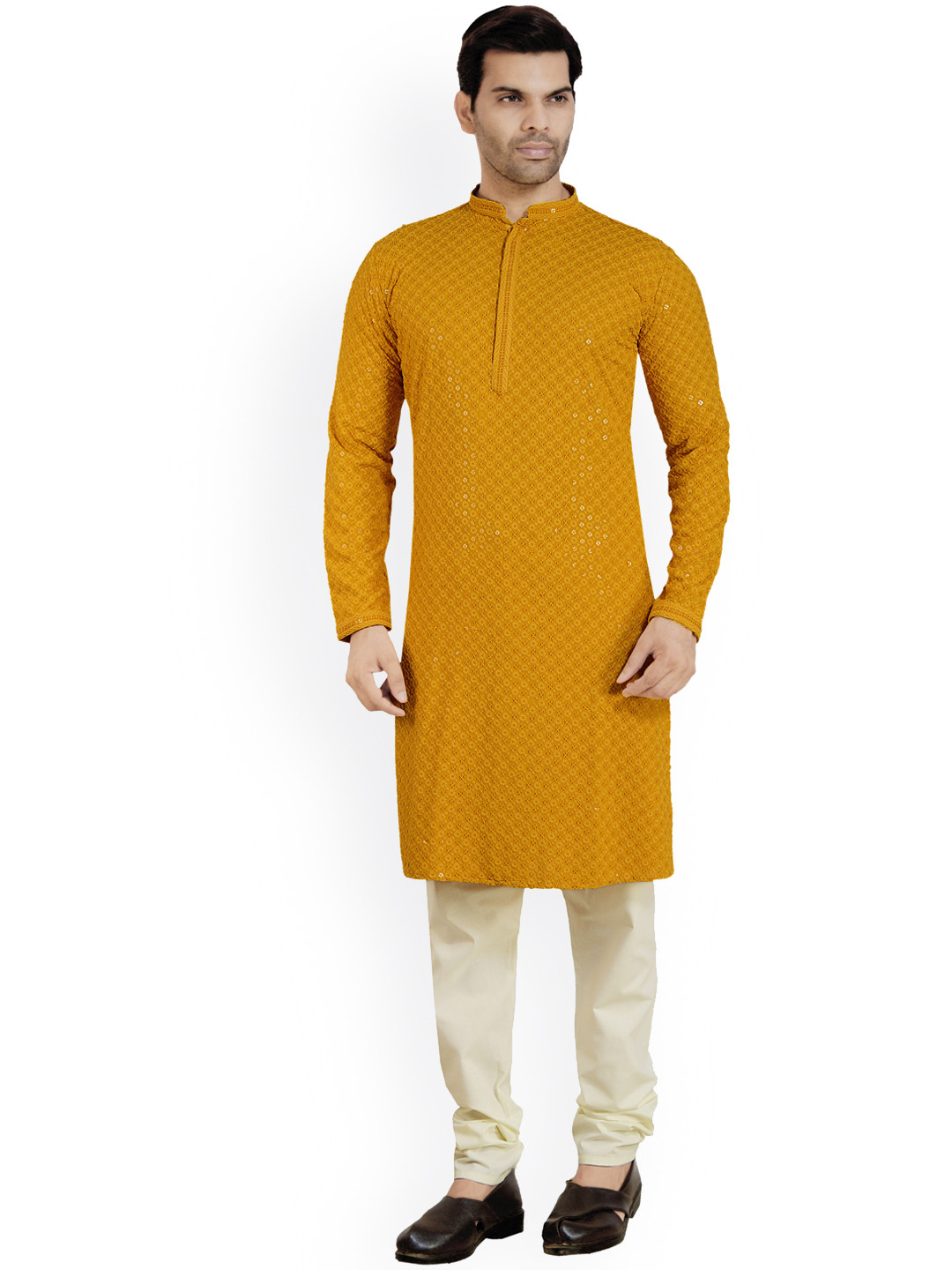 

ARRUGA Floral Embroidered Mandarin Collar Long Sleeve Sequinned Kurta Set, Yellow