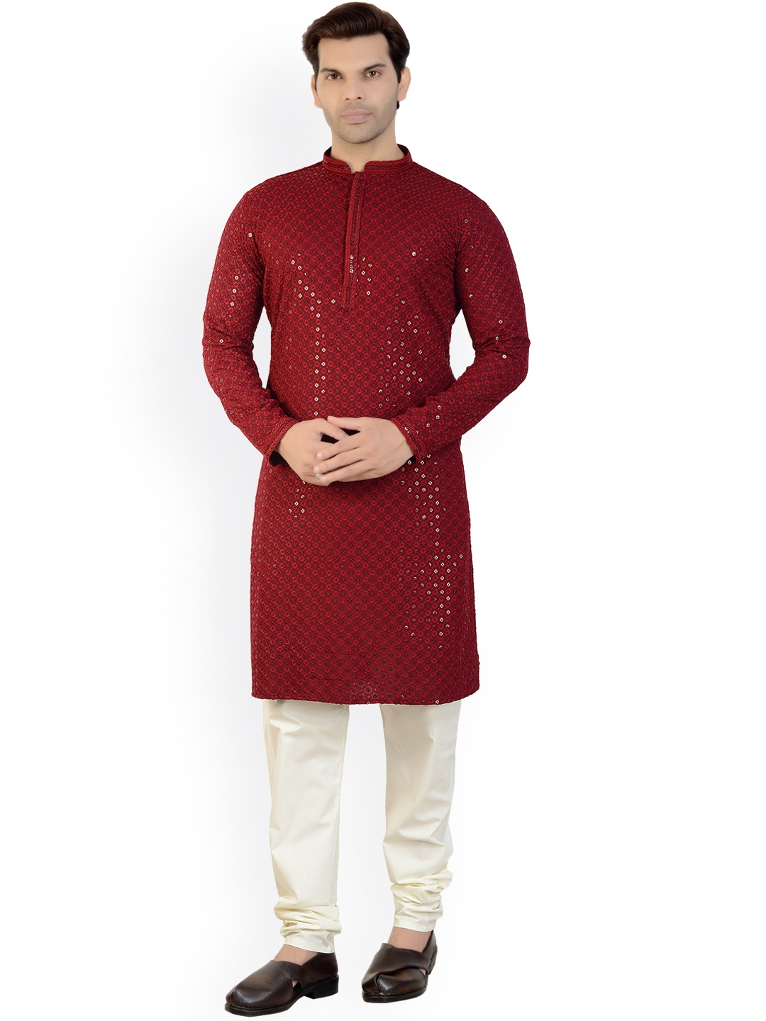 

ARRUGA Ethnic Motifs Embroidered Sequinned Straight Kurta with Pyjamas, Maroon