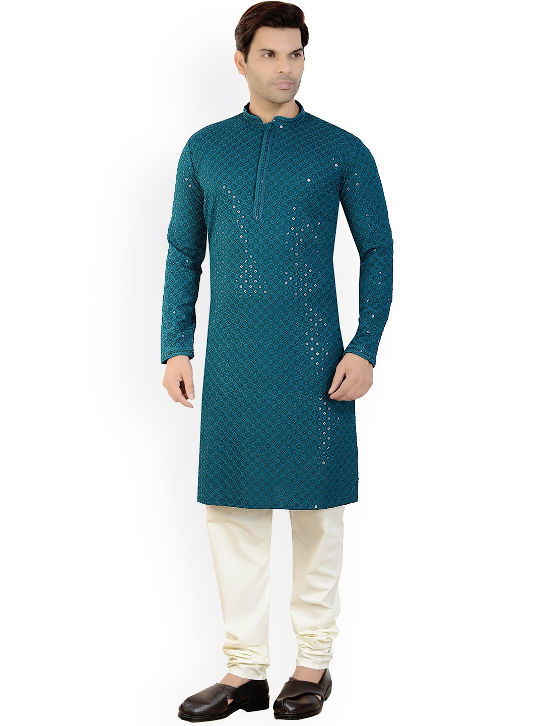 

ARRUGA Ethnic Motifs Embroidered Sequinned Straight Kurta with Pyjamas, Teal