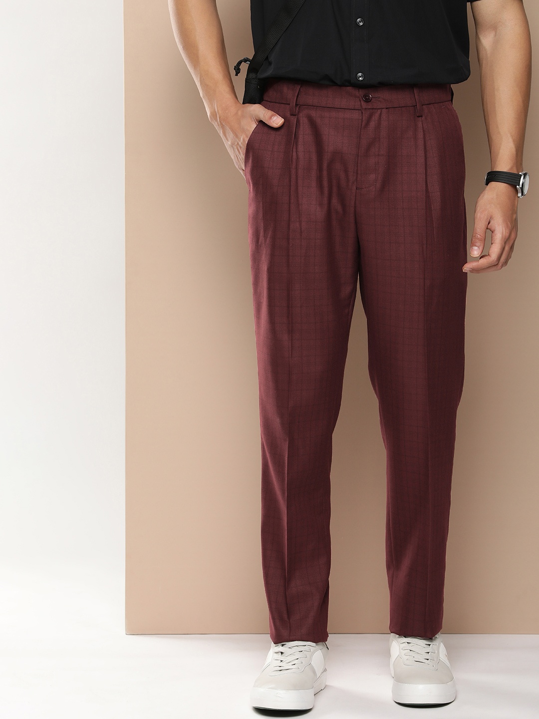 

encore by INVICTUS Men Mid Rise Checked Pleated Semiformal Trousers, Maroon