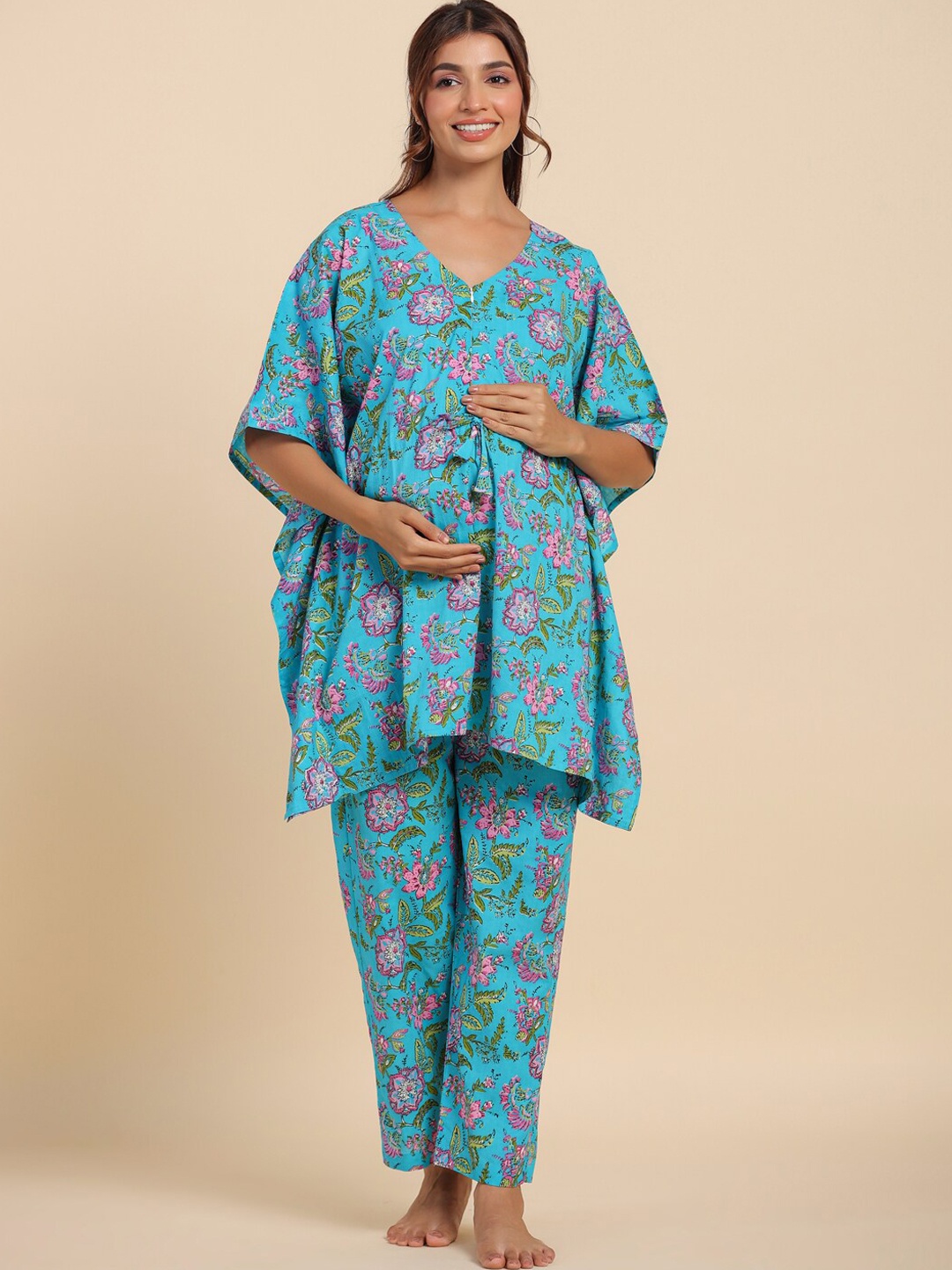 

Ikk Kudi by Seerat Floral Printed Pure Cotton Maternity Kaftan & Pyjamas, Blue