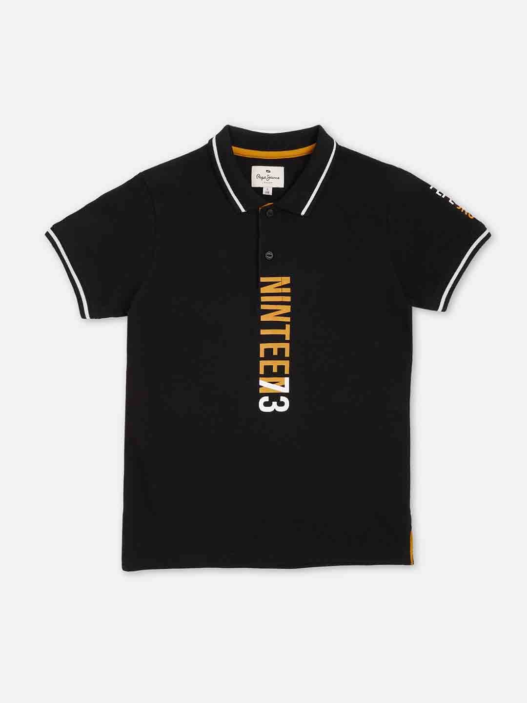 

Pepe Jeans Boys Typography Printed Polo Collar Pure Cotton T-shirt, Black