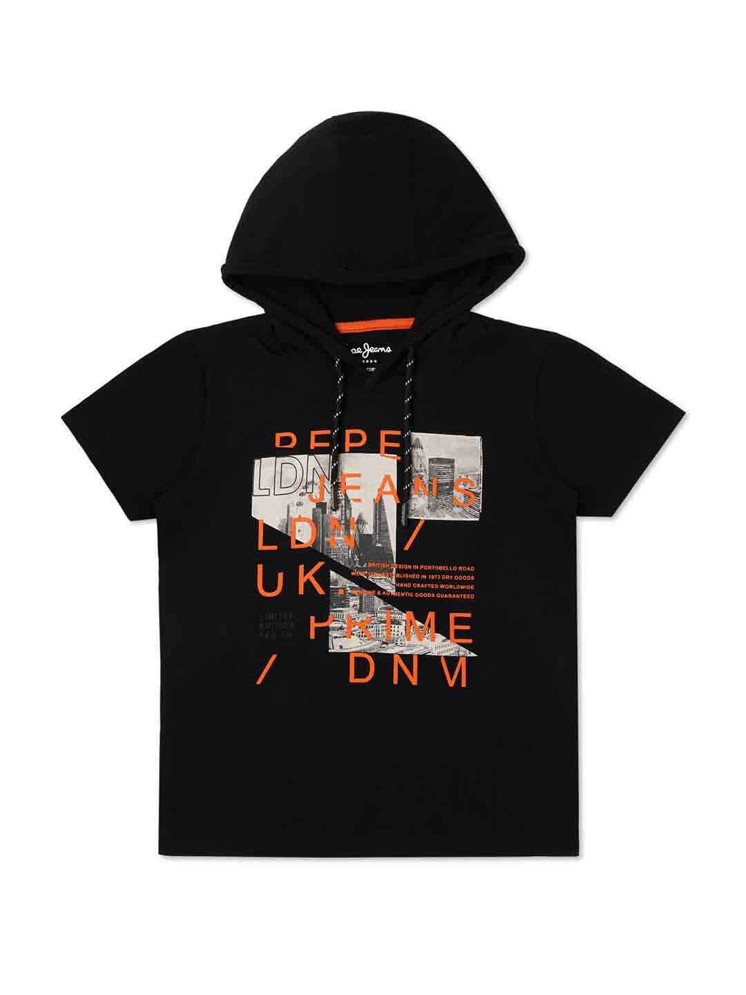 

Pepe Jeans Boys Graphic Printed Hooded Pure Cotton T-shirt, Black