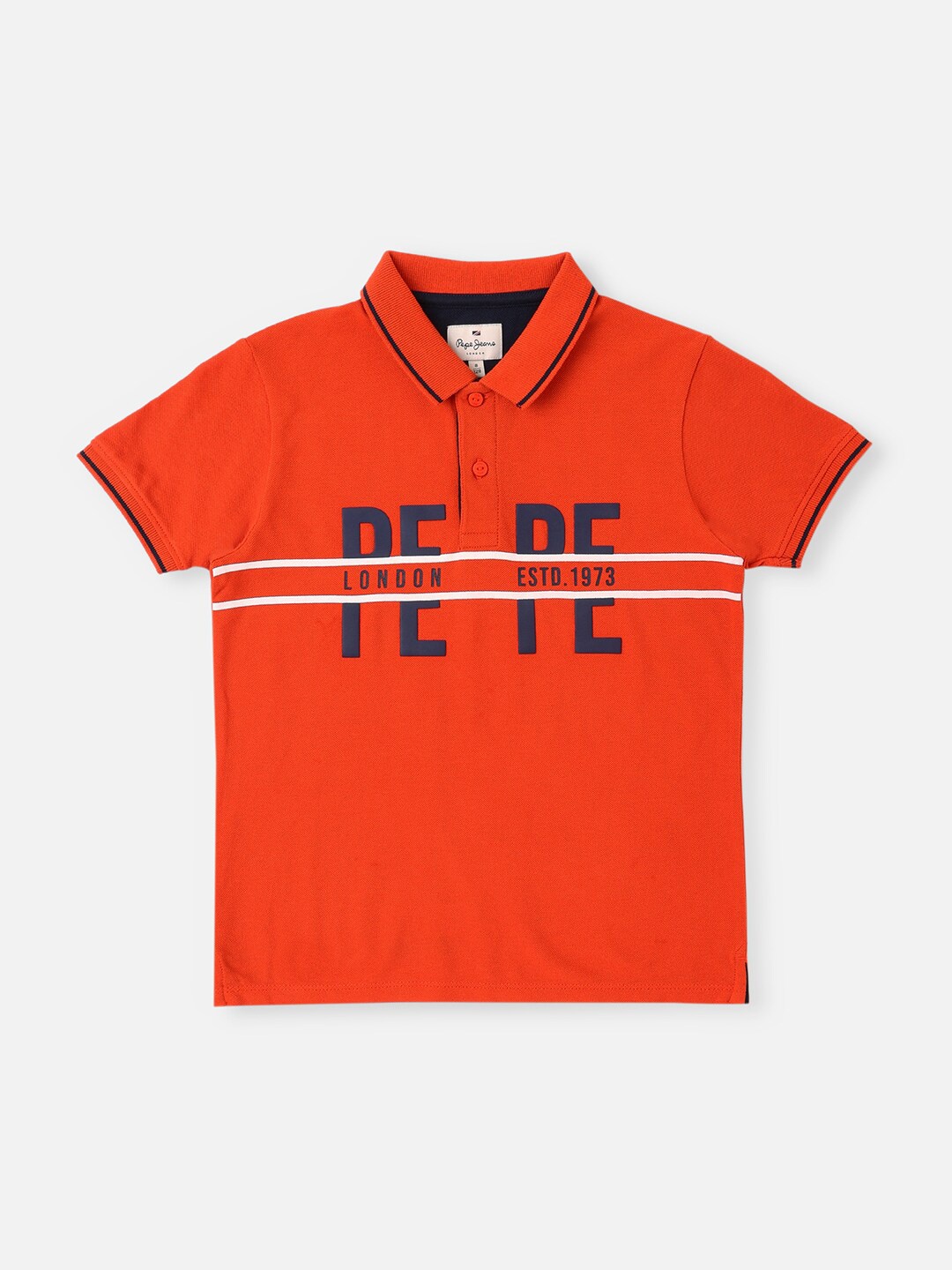 Pepe Jeans Boys Typography Printed Polo Collar Pure Cotton T-shirt, Orange