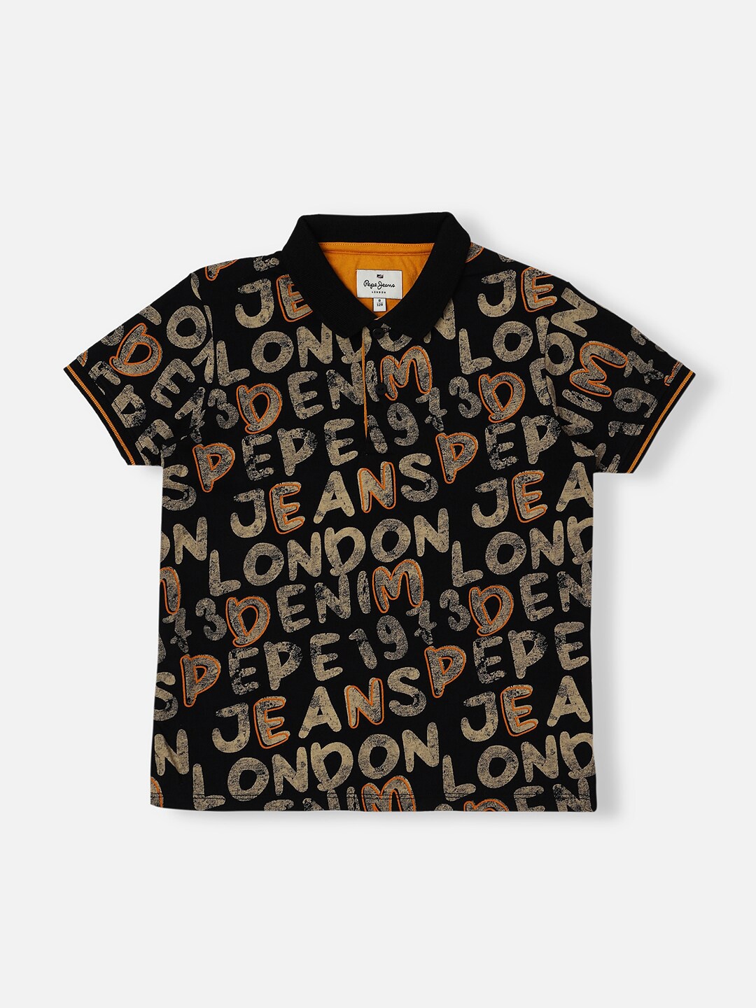 

Pepe Jeans Boys Typography Printed Polo Collar Pure Cotton T-shirt, Black