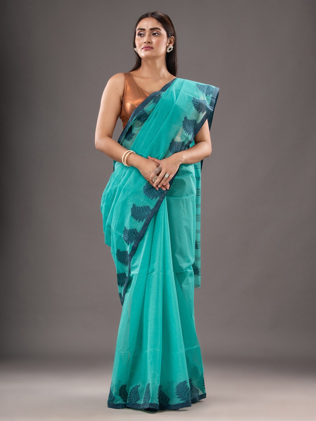 

SAJASAJO Pure Cotton Taant Saree, Sea green