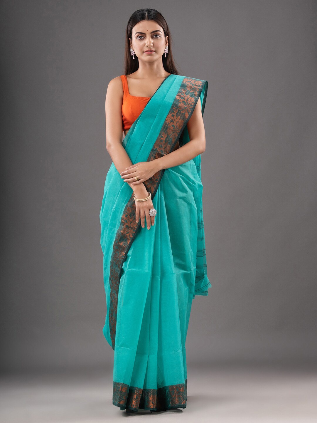 

SAJASAJO Zari Pure Cotton Taant Saree, Sea green