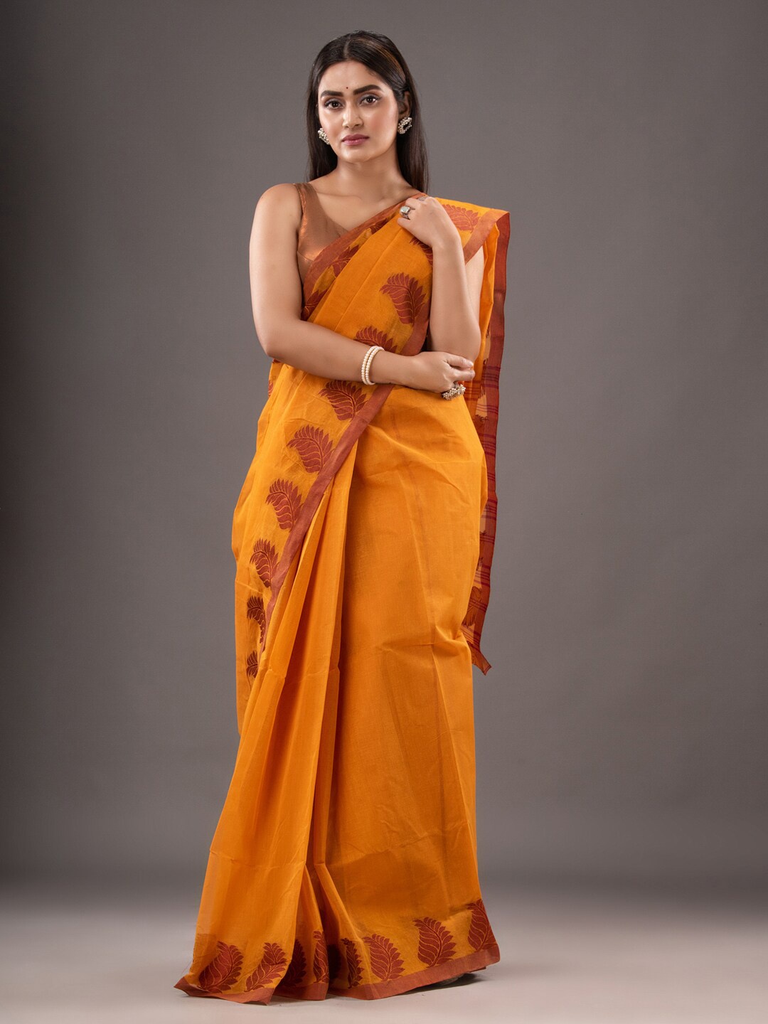 

SAJASAJO Pure Cotton Taant Saree, Mustard