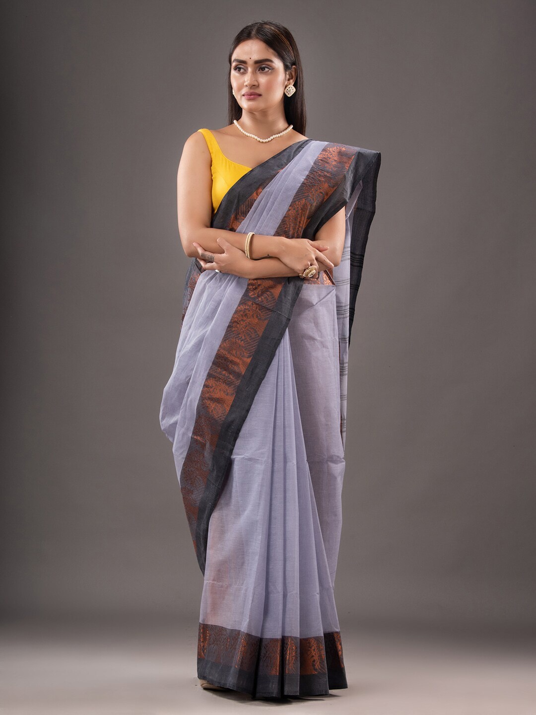 

SAJASAJO Zari Pure Cotton Taant Saree, Grey