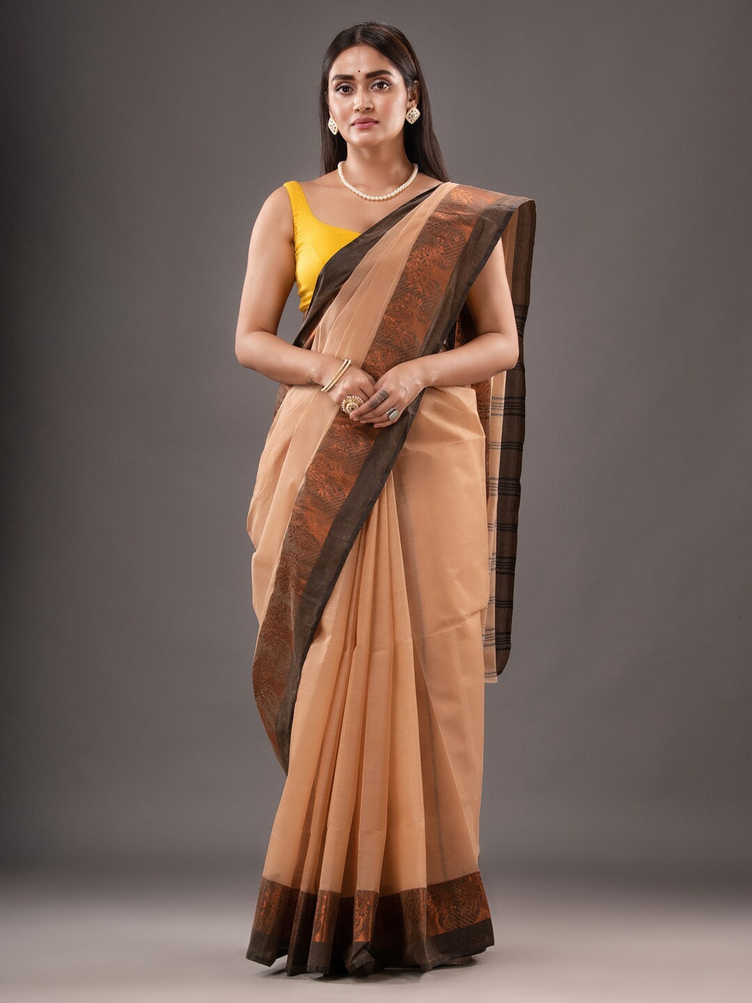 

SAJASAJO Zari Pure Cotton Taant Saree, Beige