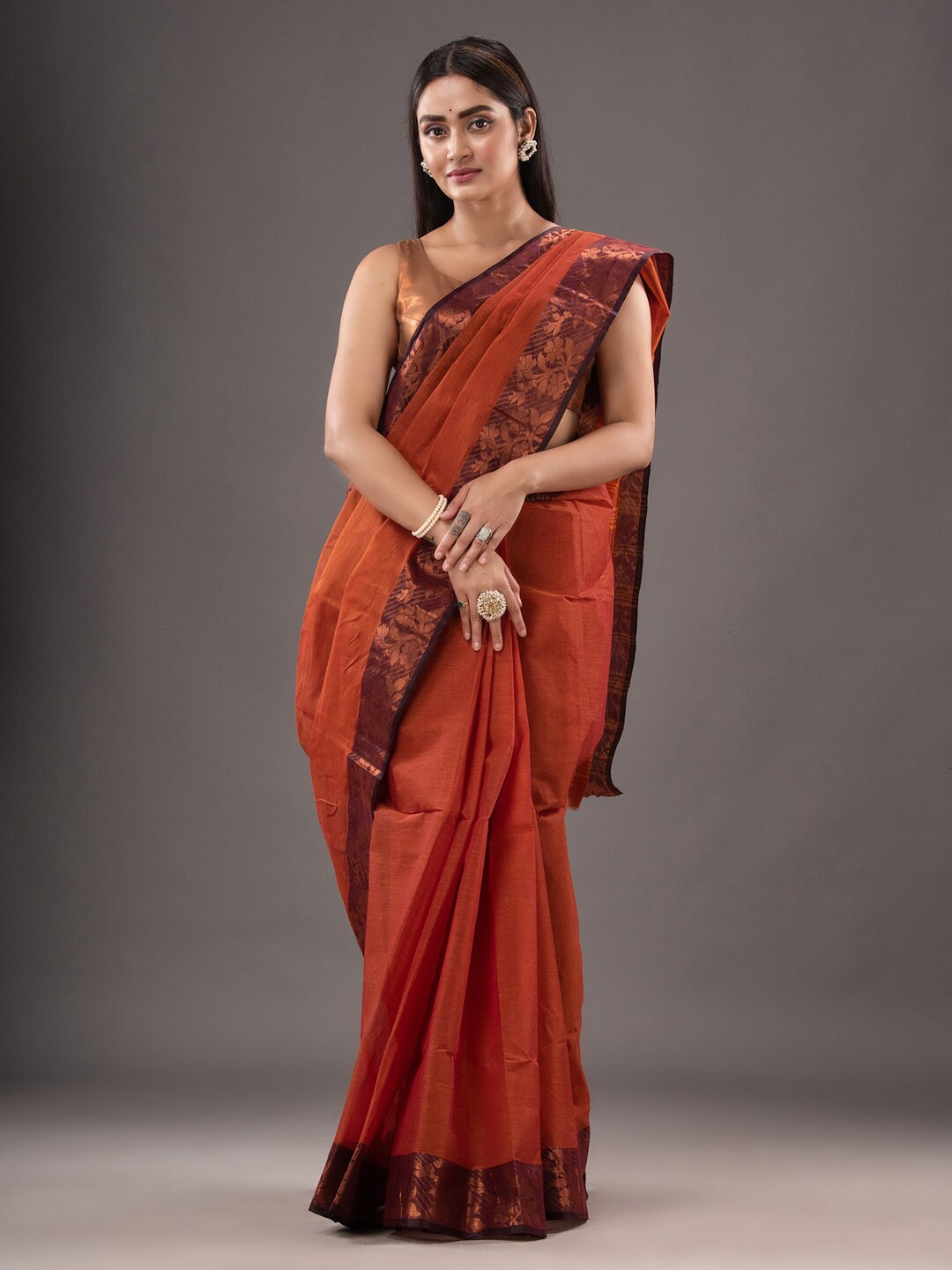 

SAJASAJO Zari Pure Cotton Taant Saree, Rust