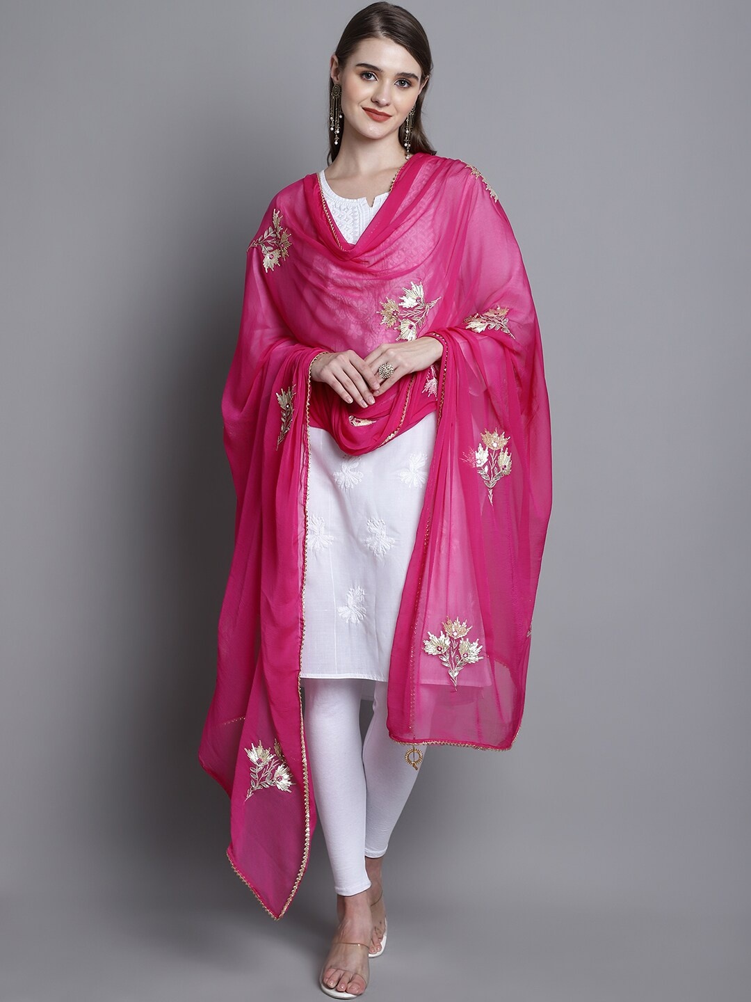 

SOUNDARYA Floral Embroidered Georgette Dupatta With Gotta Patti, Pink