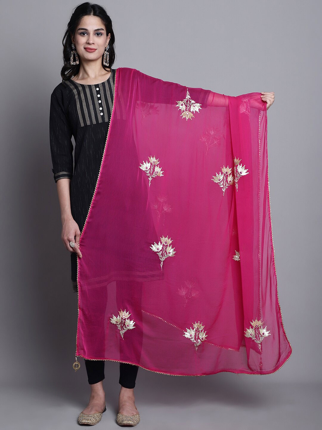

SOUNDARYA Floral Embroidered Dupatta With Gotta Patti, Magenta