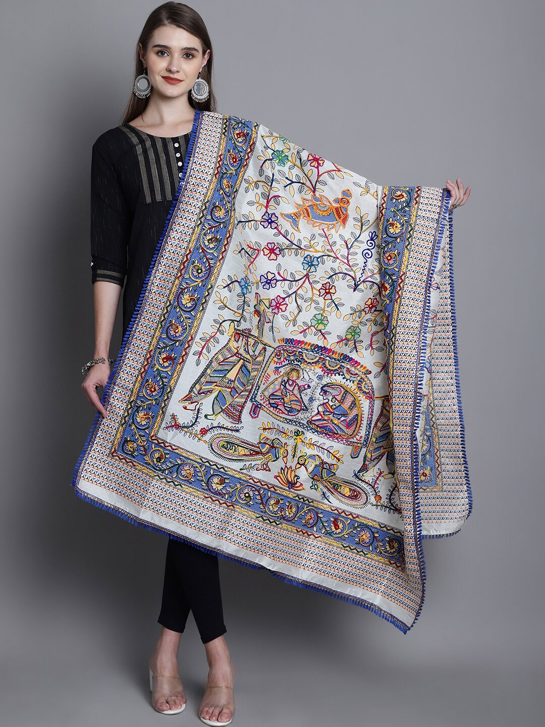 

SOUNDARYA Ethnic Motifs Embroidered Thread Work Jamdani Silk Dupatta, White