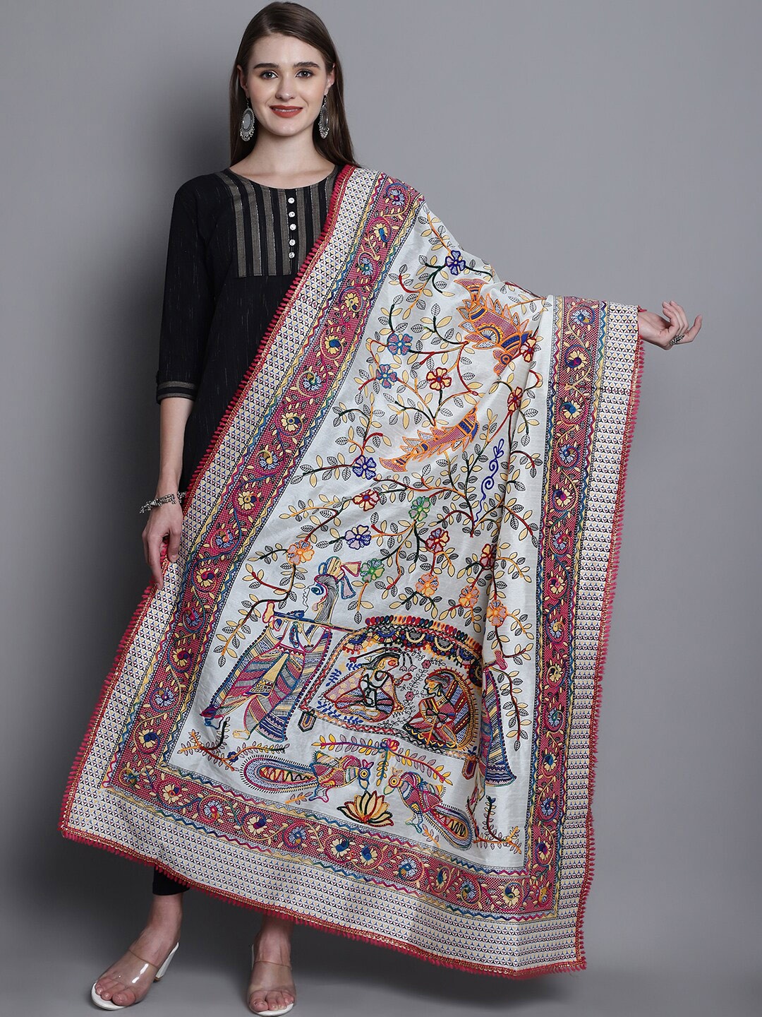 

SOUNDARYA Ethnic Motifs Embroidered Silk Dupatta With Thread Work, White