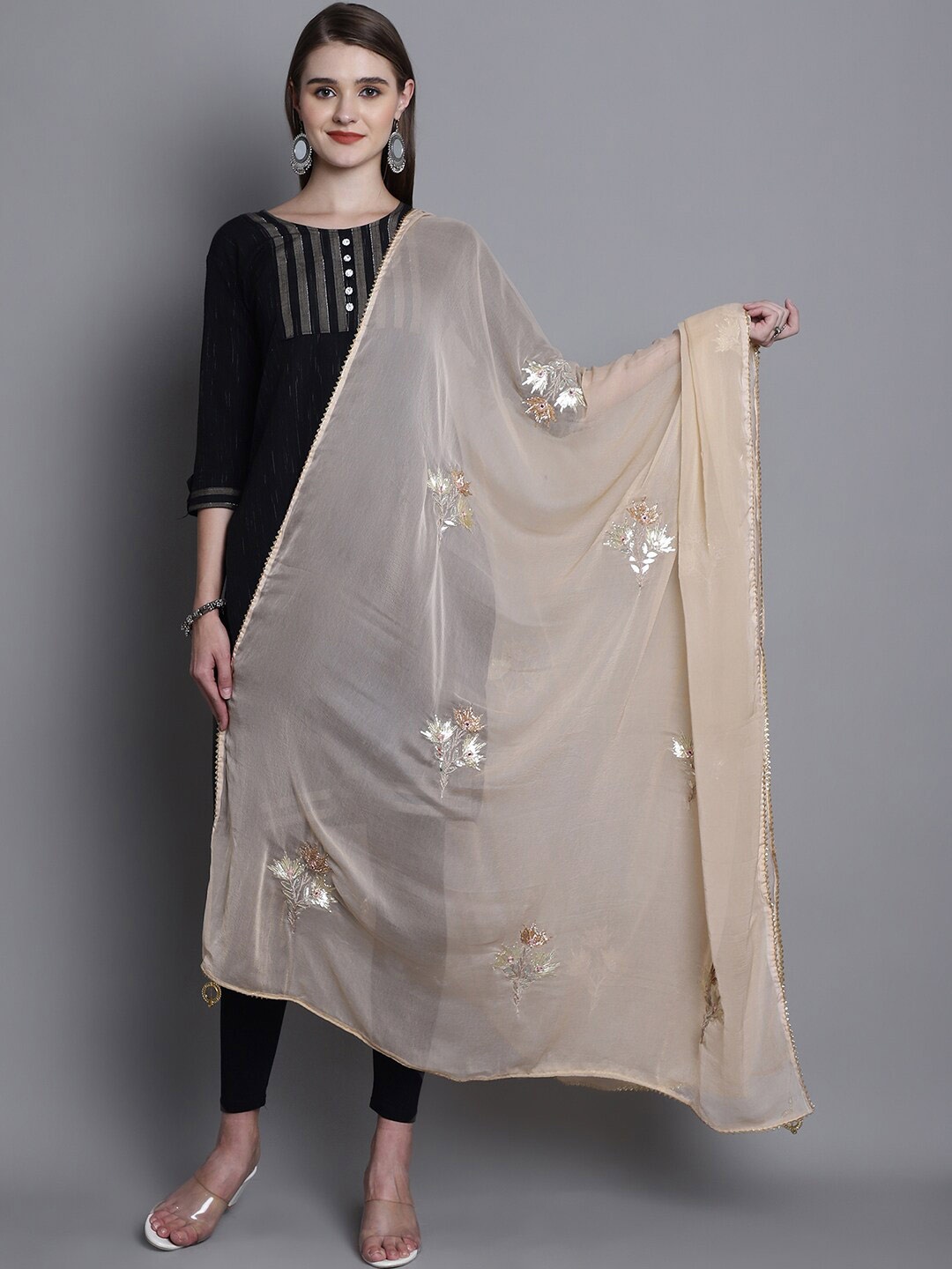 

SOUNDARYA Floral Embroidered Gotta Patti Georgette Dupatta, Cream
