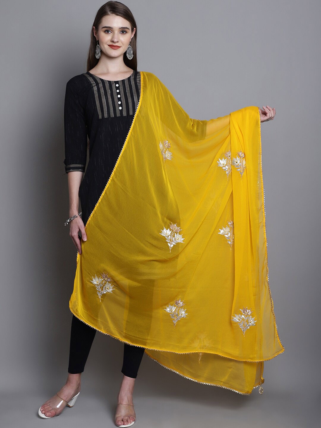 SOUNDARYA Floral Embroidered Georgette Dupatta With Gotta Patti, Yellow