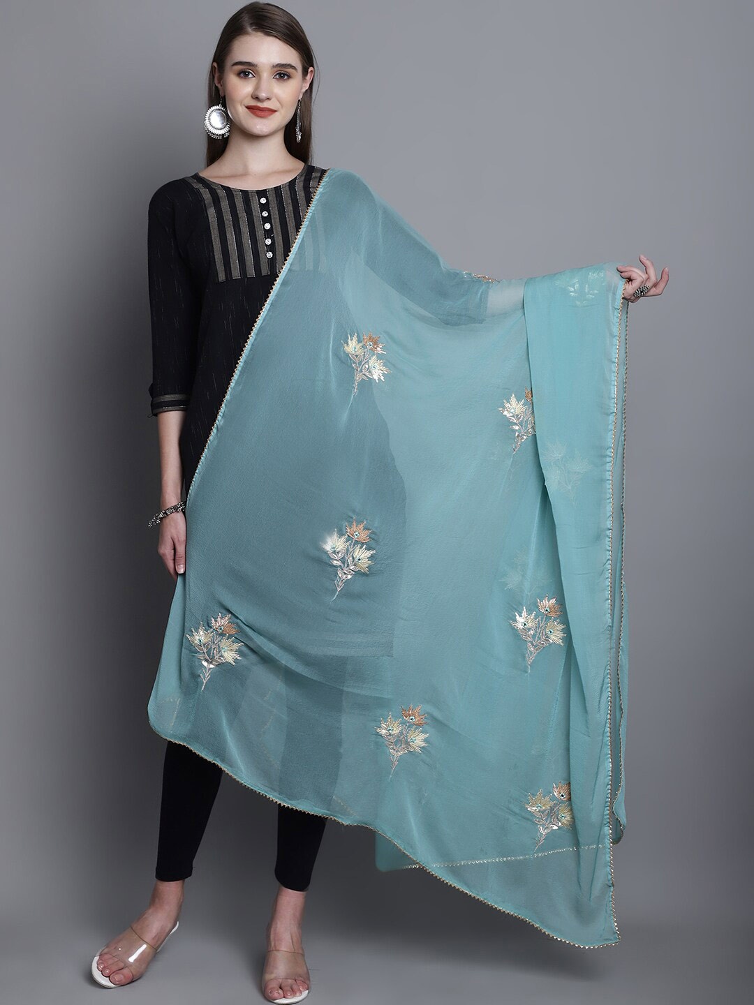 

SOUNDARYA Floral Embroidered Georgette Dupatta With Gotta Patti, Turquoise blue