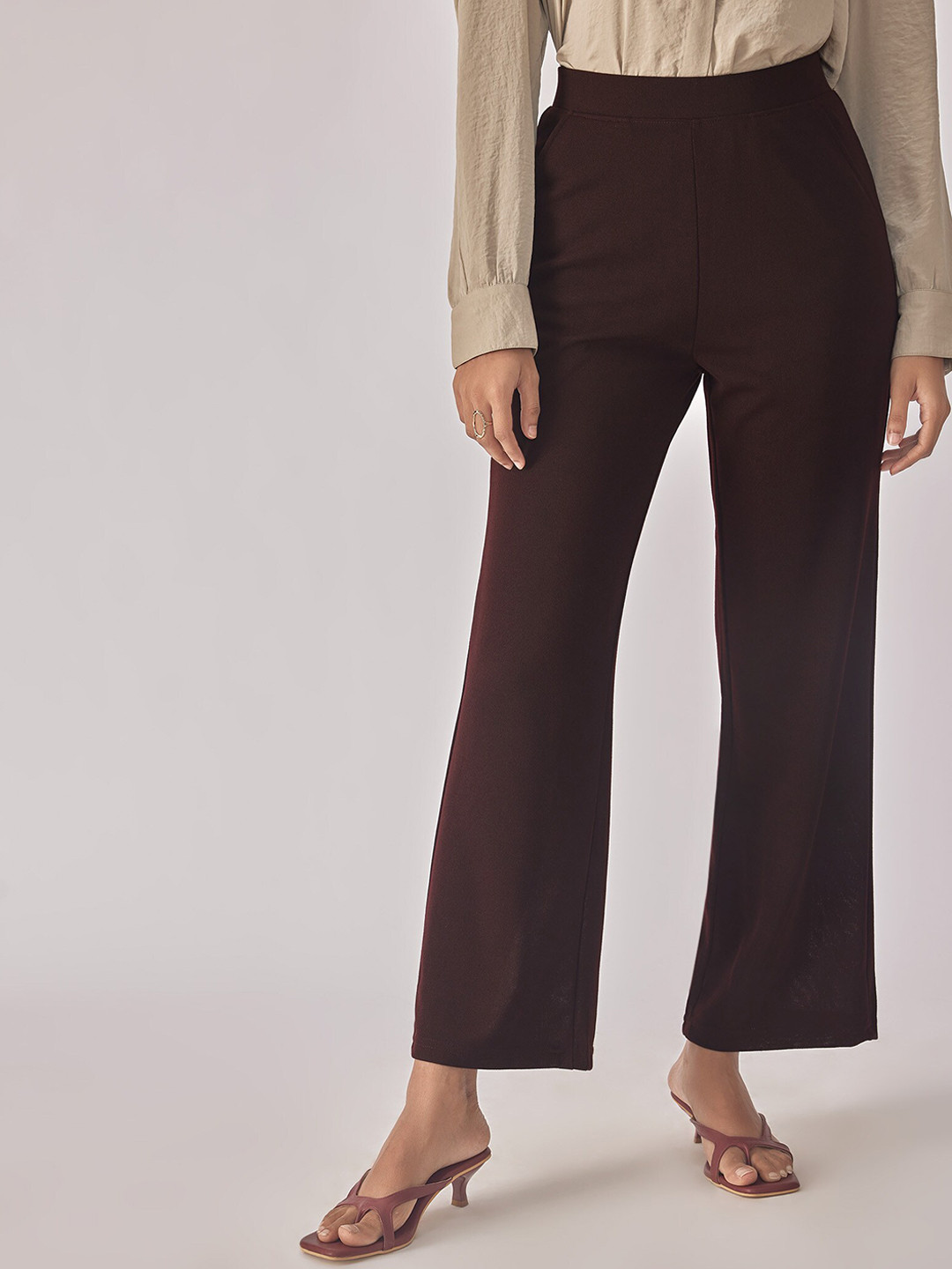 

The Label Life Women Straight Fit High-Rise Pleated Trousers, Brown