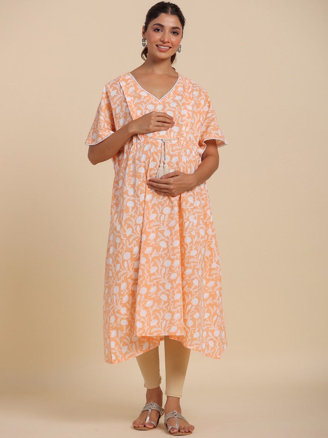 

Ikk Kudi by Seerat Floral Printed Flared Sleeves Maternity Anarkali Kurta, Peach