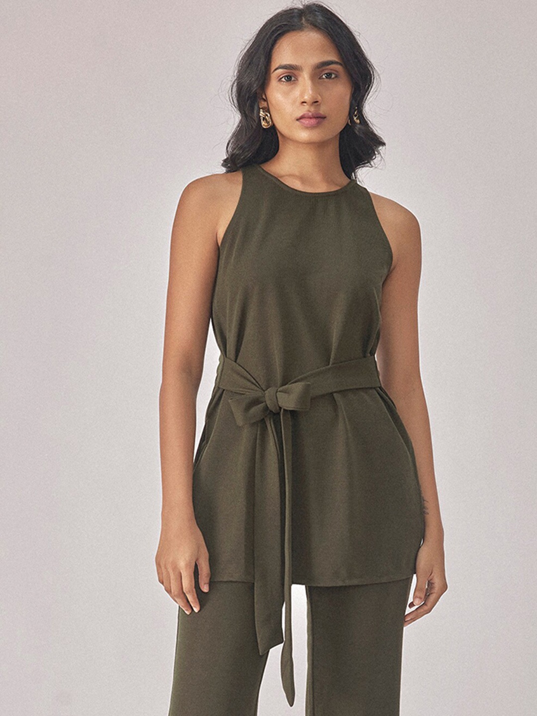 

The Label Life Waist Tie-Up Longline Top, Olive
