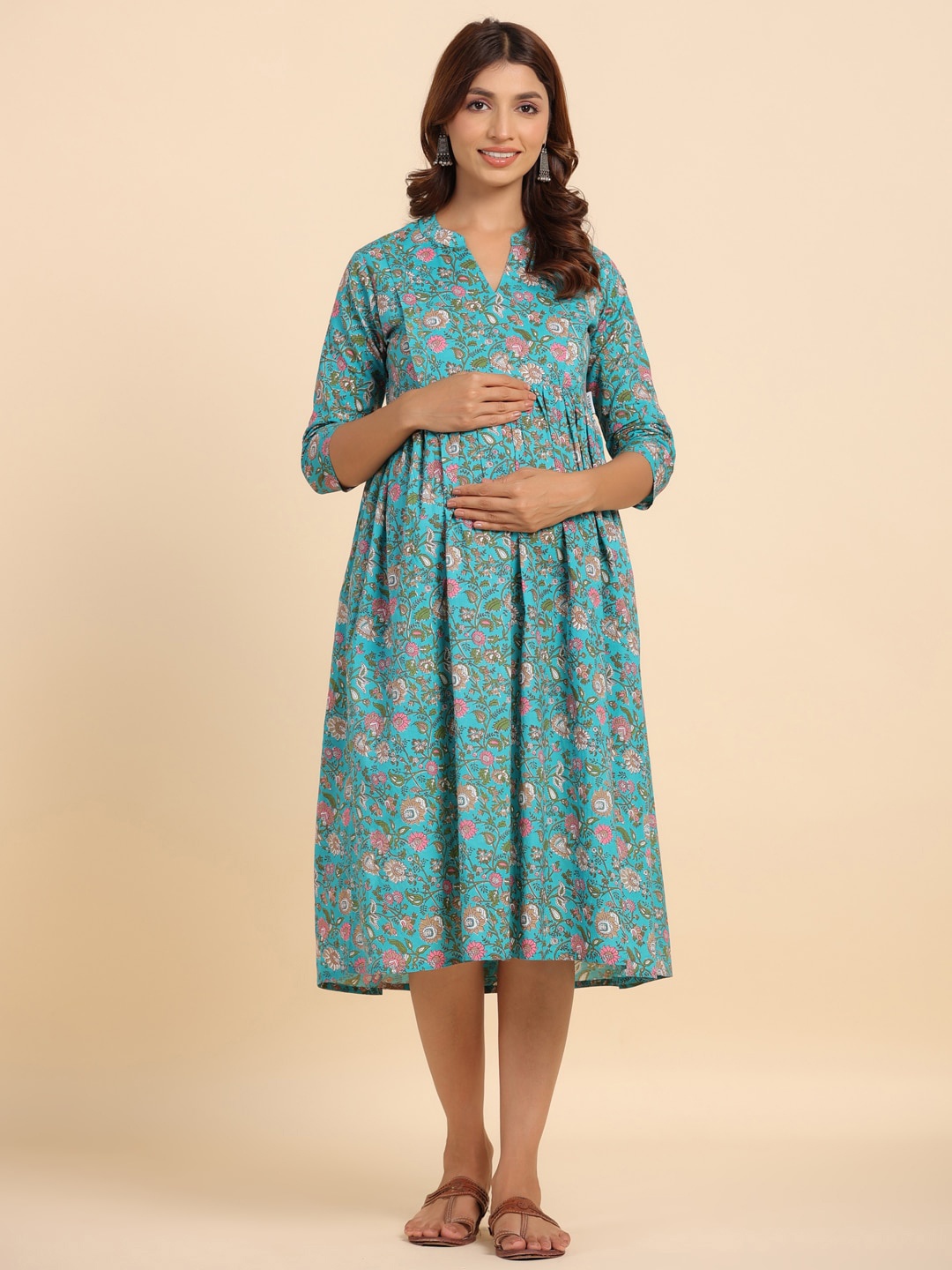 

CRAFIQA Floral Printed Maternity Cotton Fit and Flare Midi Dress, Turquoise blue