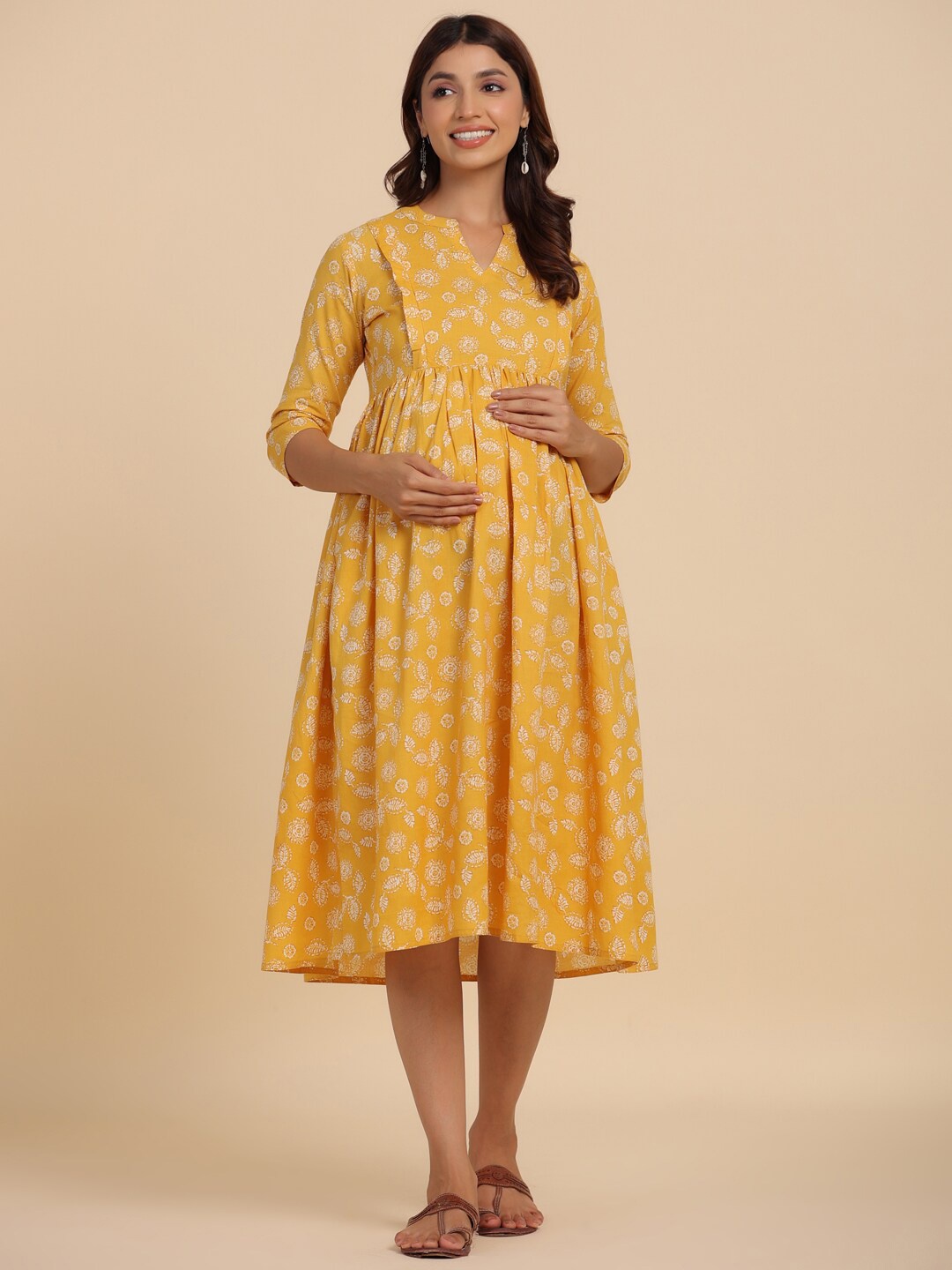 

CRAFIQA Floral Print Maternity Cotton Fit & Flare Midi Dress, Mustard