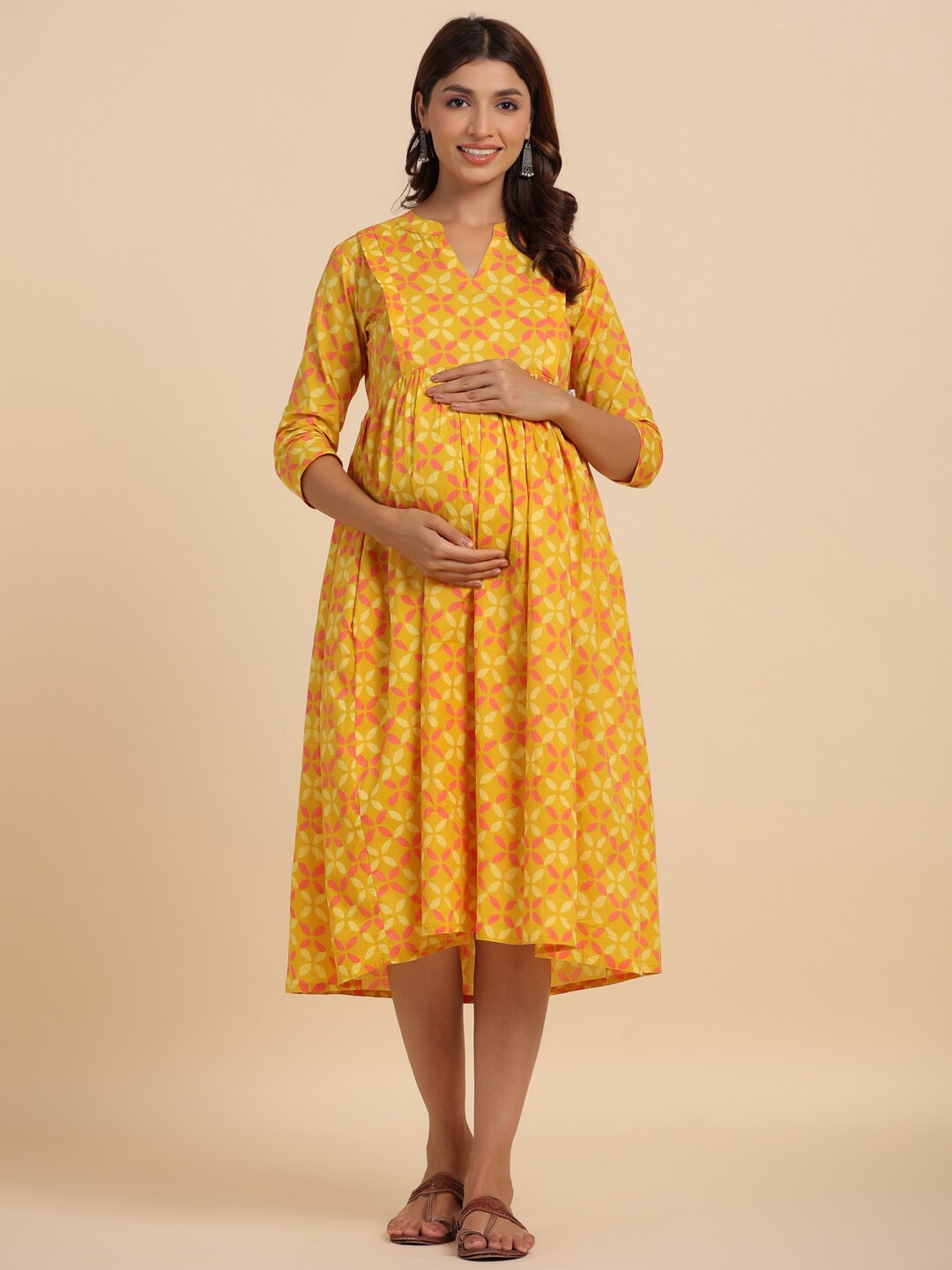 

CRAFIQA Floral Print Maternity Cotton Fit & Flare Midi Dress, Mustard