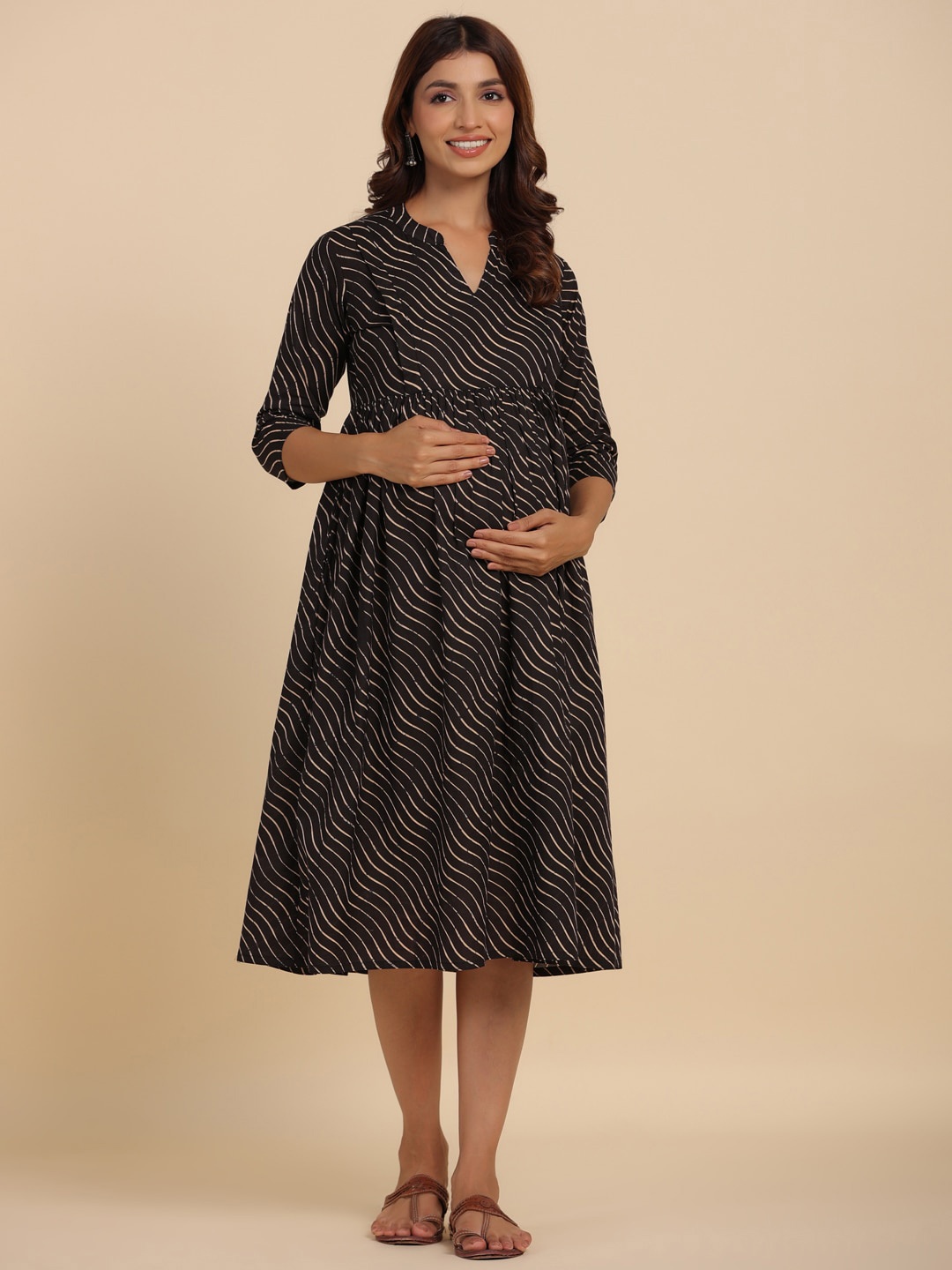 

CRAFIQA Striped Printed Maternity Cotton Fit & Flare Midi Dress, Black