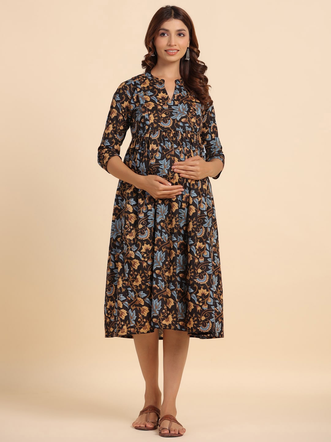 

CRAFIQA Floral Printed Maternity Cotton Fit & Flare Midi Dress, Black