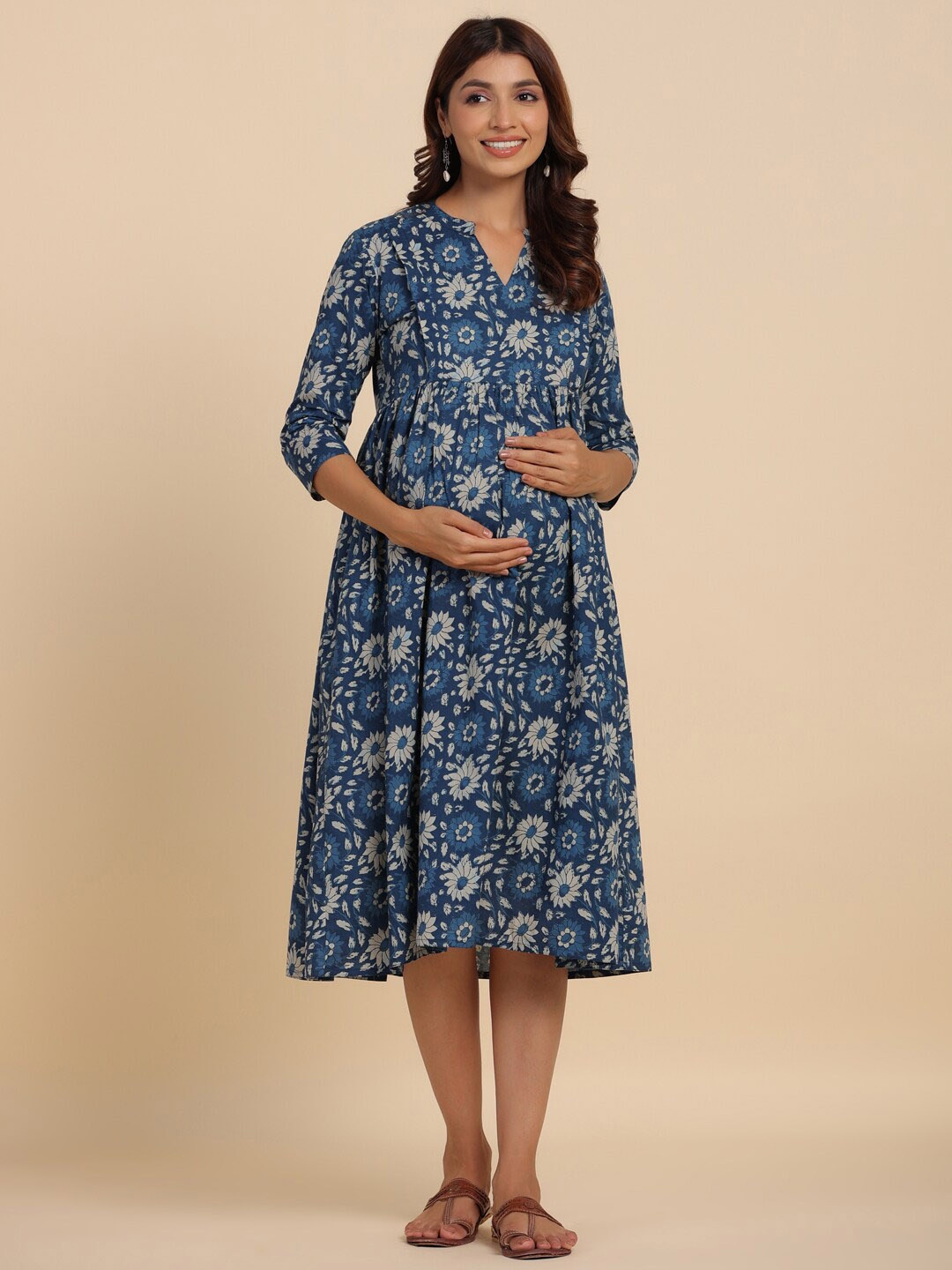 

CRAFIQA Floral Printed Mandarin Collar Gathered Pure Cotton Maternity Fit & Flare Dress, Blue