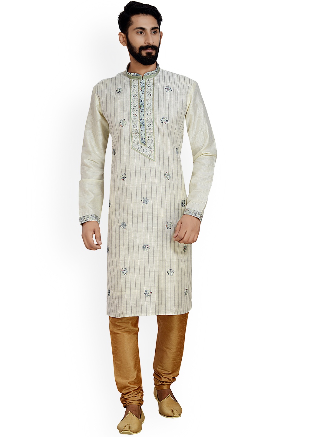 

ARRUGA Floral Print Mandarin Collar Long Sleeve Kurta Set, Off white
